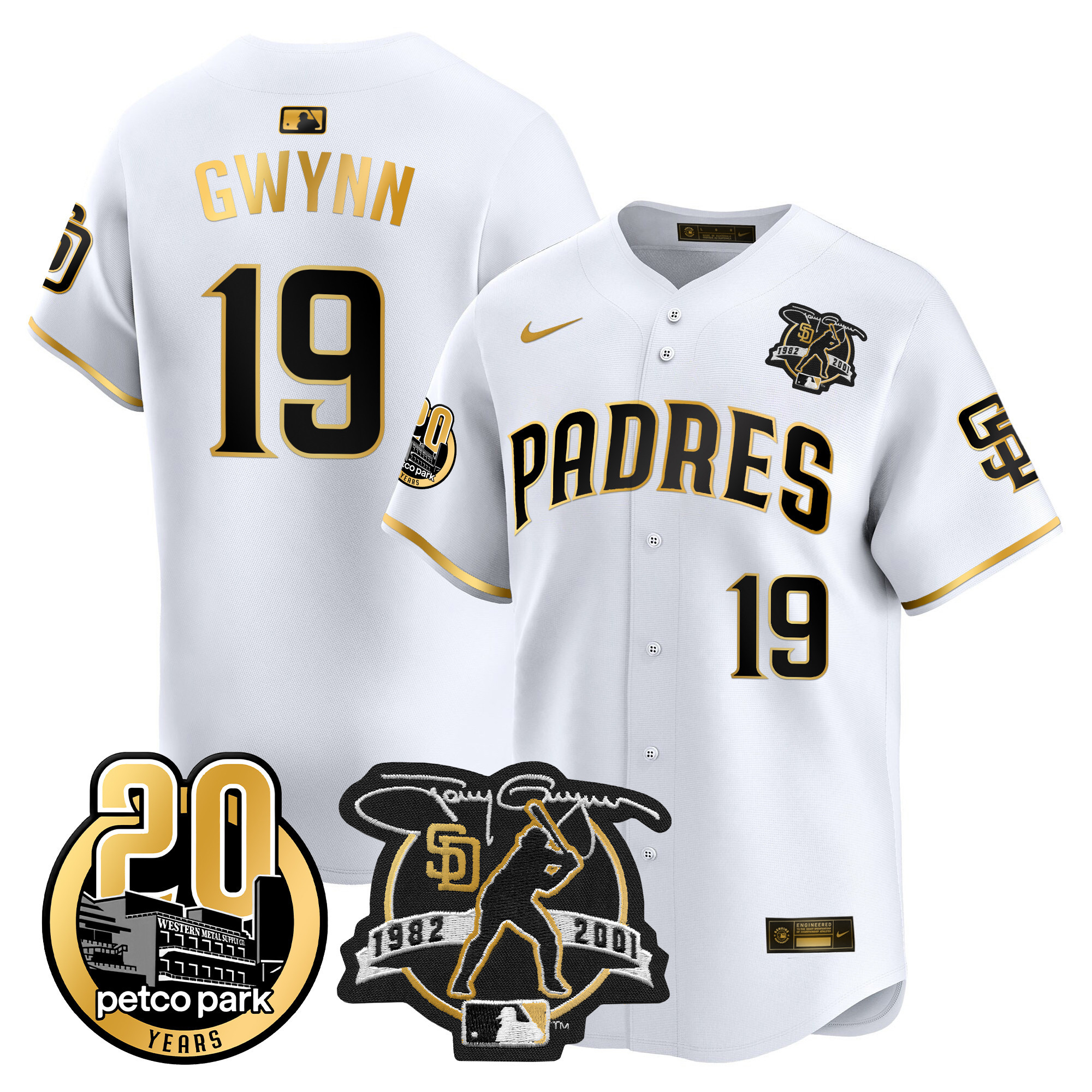 Men's San Diego Padres Tony Gwynn & Petco Park 20th Patch Vapor Premier Limited White Gold Jersey