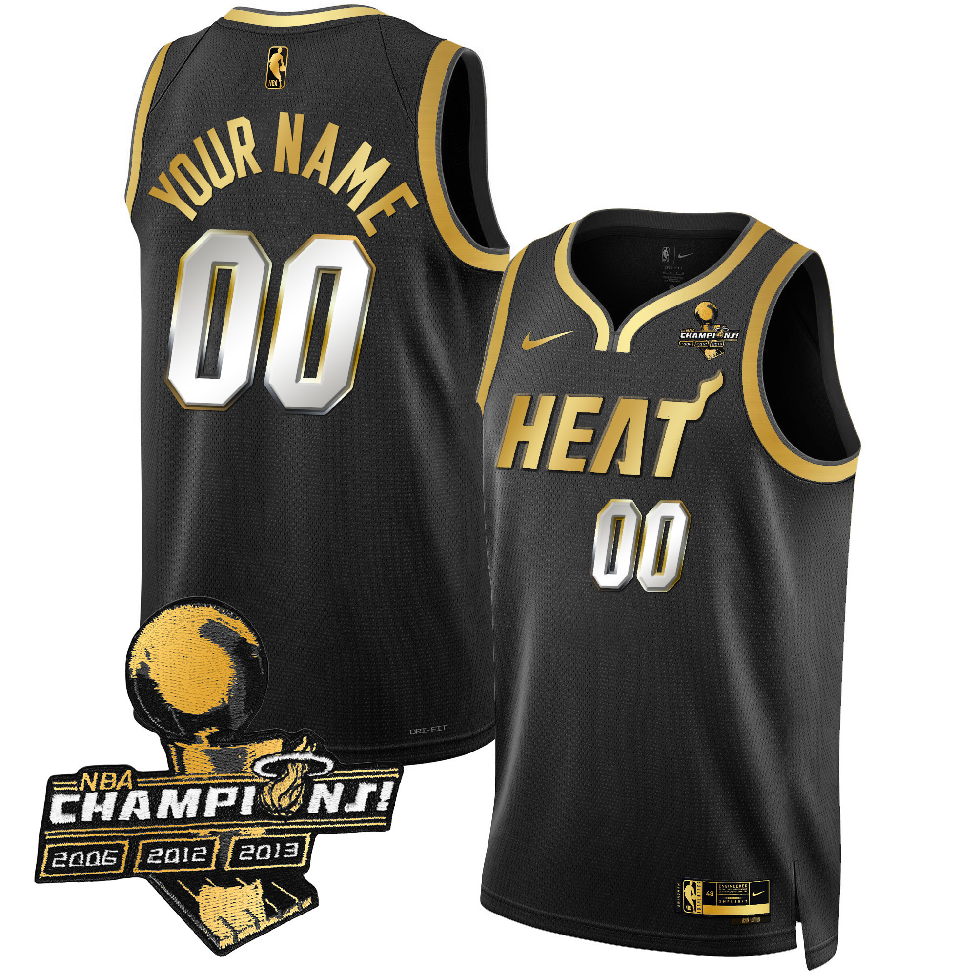 Miami Heat 3-Time Champions Patch Collection Custom Black Limited Jersey - All Stitched