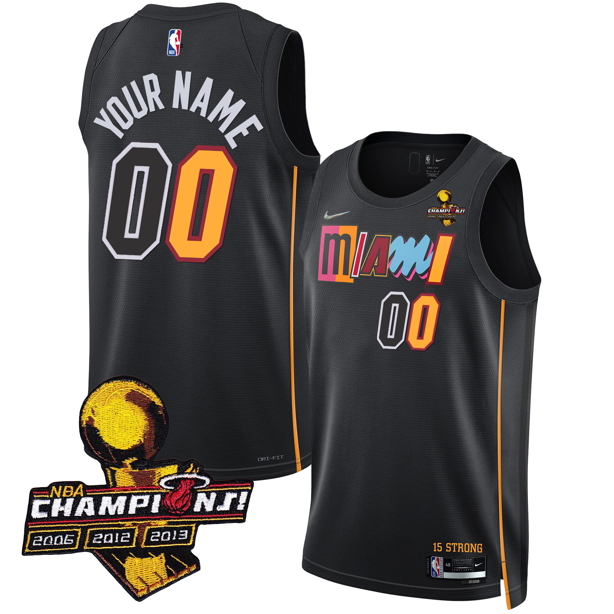 Miami Heat 3-Time Champions Patch Collection Custom City Black Jersey - All Stitched