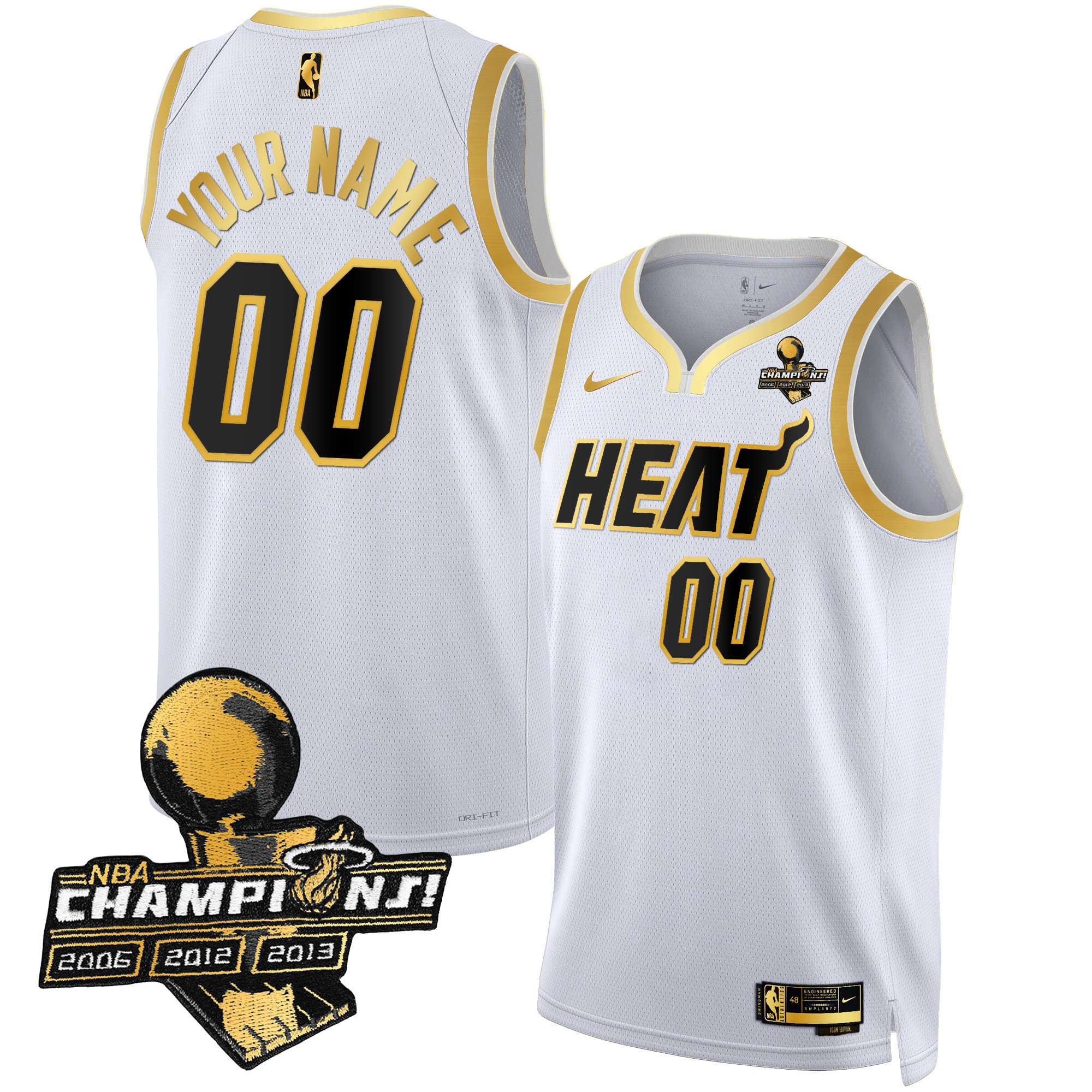 Miami Heat 3-Time Champions Patch Collection Custom White Gold Jersey - All Stitched