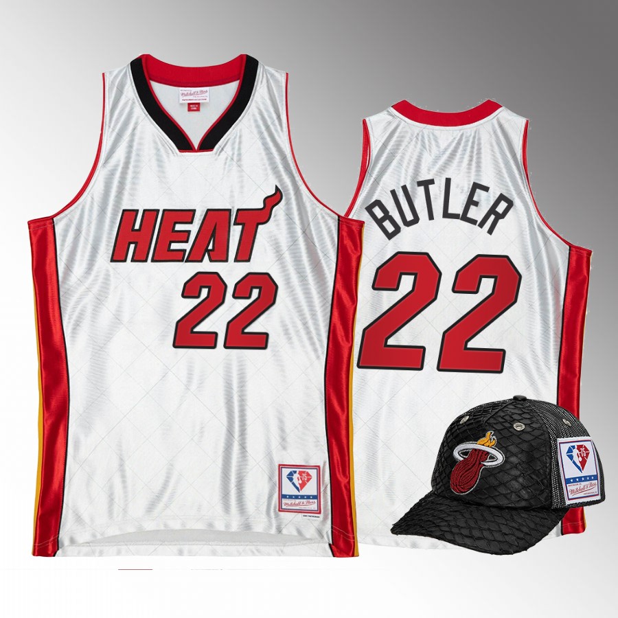 Miami Heat Jimmy Butler 75th Platinum Jersey #22 White Lux Trucker Hat Set