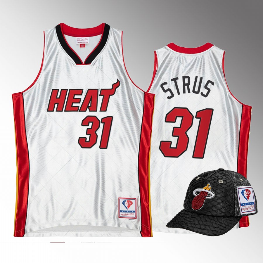 Miami Heat Max Strus 75th Platinum Jersey #31 White Lux Trucker Hat Set
