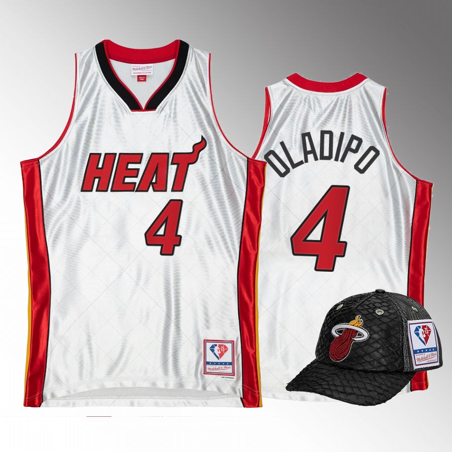 Miami Heat Victor Oladipo 75th Platinum Jersey #4 White Lux Trucker Hat Set