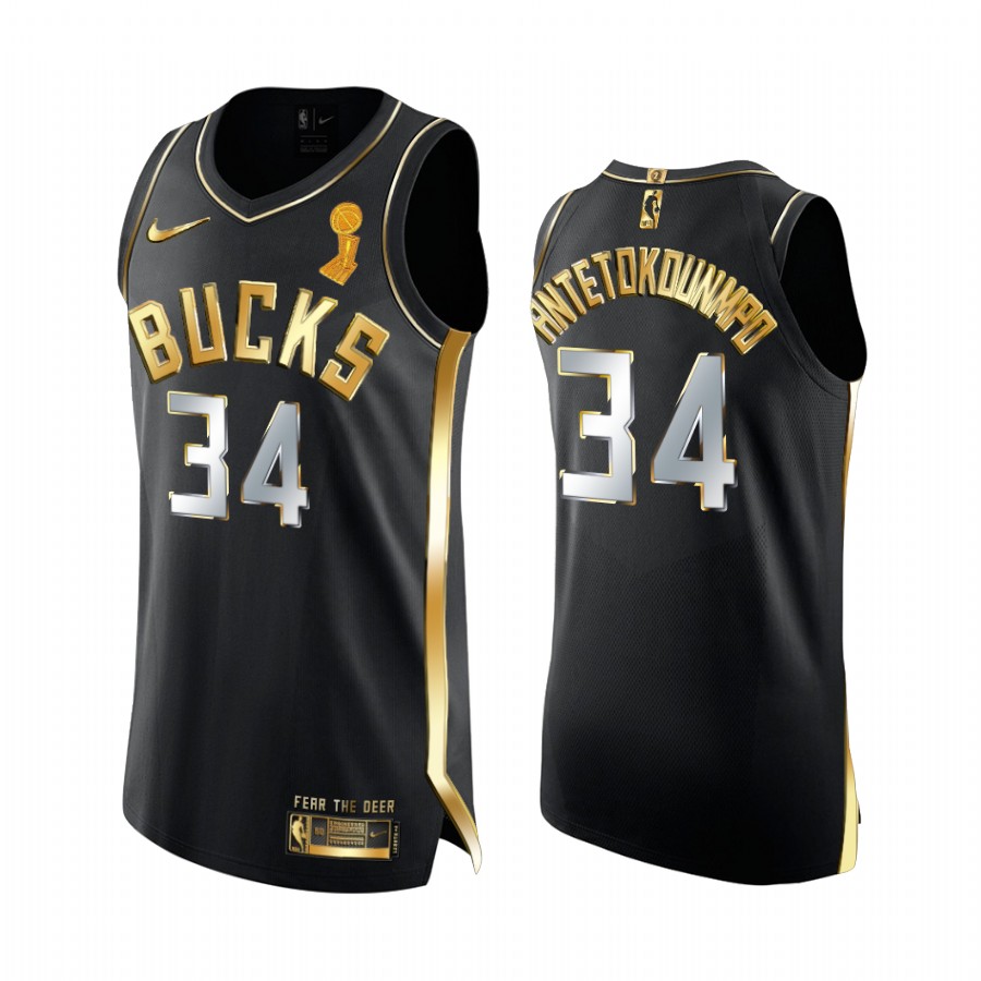 Milwaukee Bucks Giannis Antetokounmpo Finals Champions Jersey Black Golden Edition #34