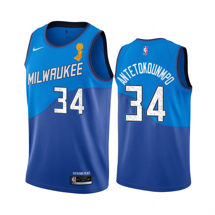 Milwaukee Bucks Giannis Antetokounmpo Finals Champions Jersey Blue City Edition #34