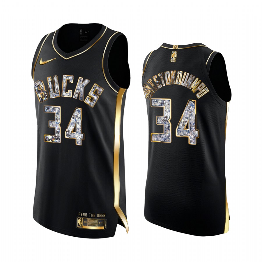 Milwaukee Bucks Giannis Antetokounmpo Black Golden Diamond Edition Jersey Playoffs #34