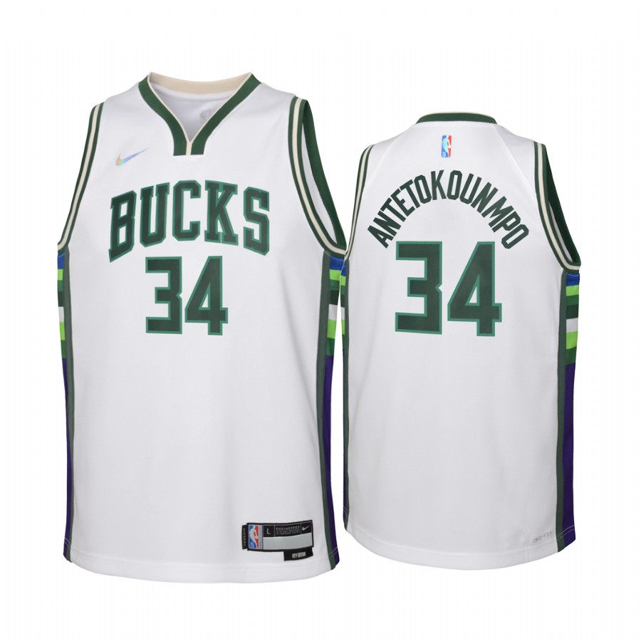 Milwaukee Bucks Giannis Antetokounmpo City Edition White Youth Jersey 75th Season #34