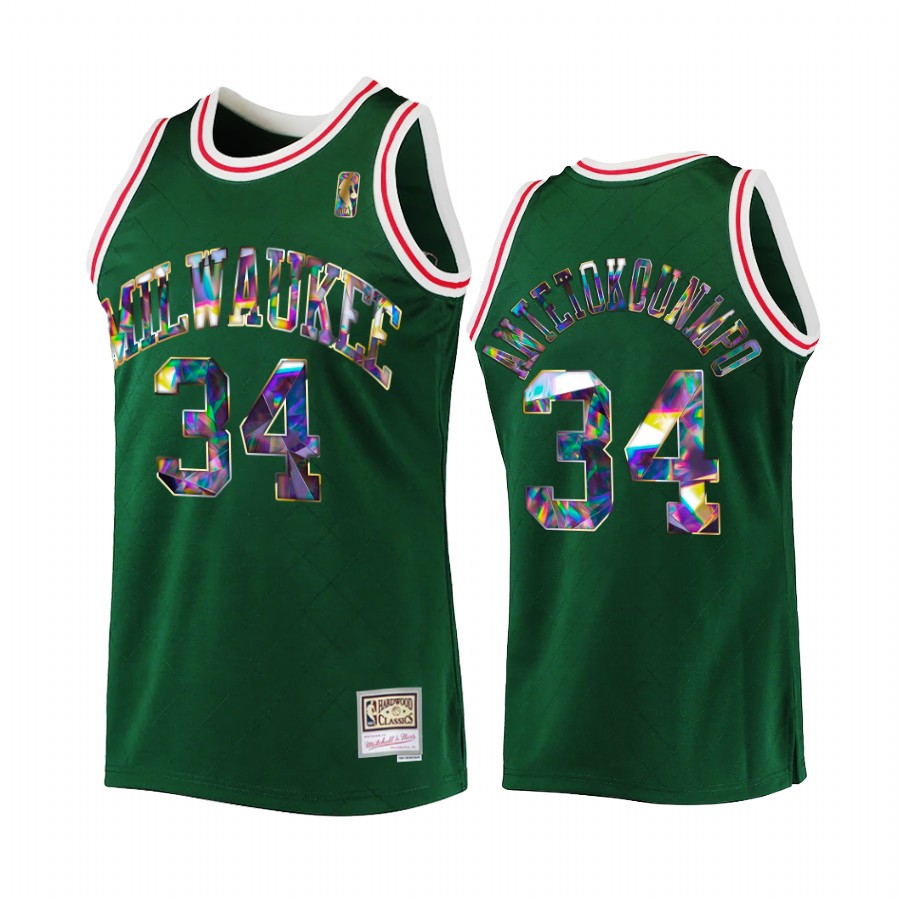 Milwaukee Bucks Giannis Antetokounmpo Green 75th Diamond Badge Men Jersey Throwback
