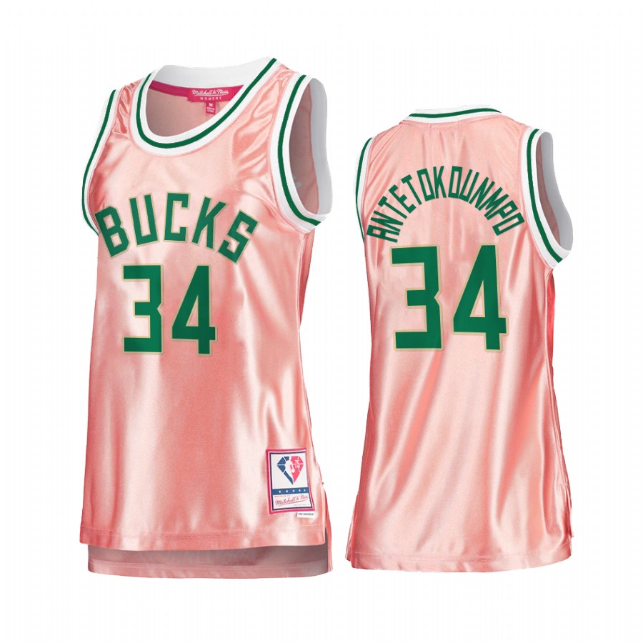 Milwaukee Bucks Giannis Antetokounmpo Rose Gold Pink 75th Anniversary Women's Jersey #34