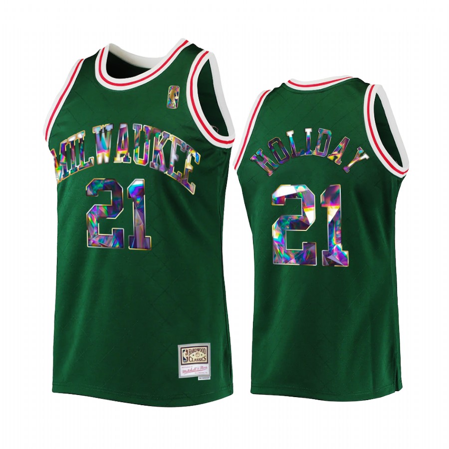 Milwaukee Bucks Jrue Holiday Green 75th Diamond Badge Men Jersey Throwback