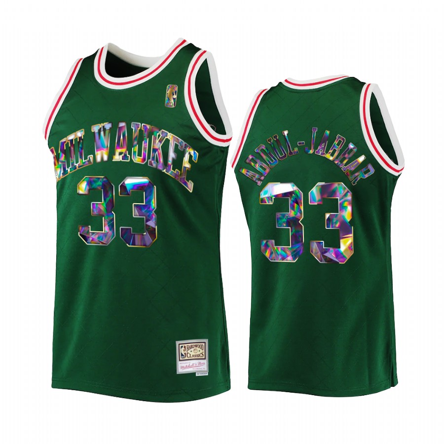 Milwaukee Bucks Kareem Abdul-Jabbar Green 75th Diamond Badge Men Jersey Throwback