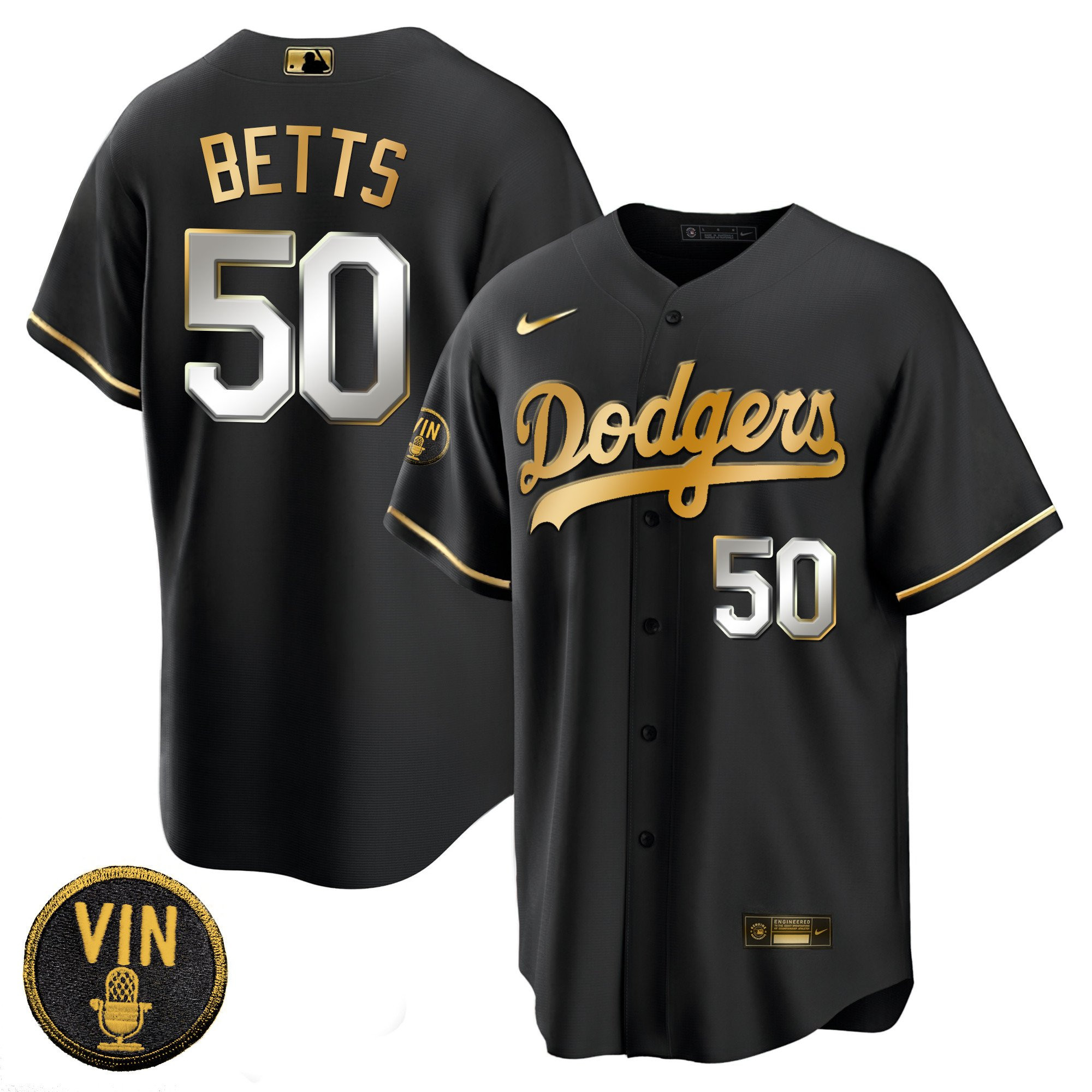 Mookie Betts Men's Los Angeles Dodgers Black Limited Vin Scully Patch Gold Cool Black Limited Jersey