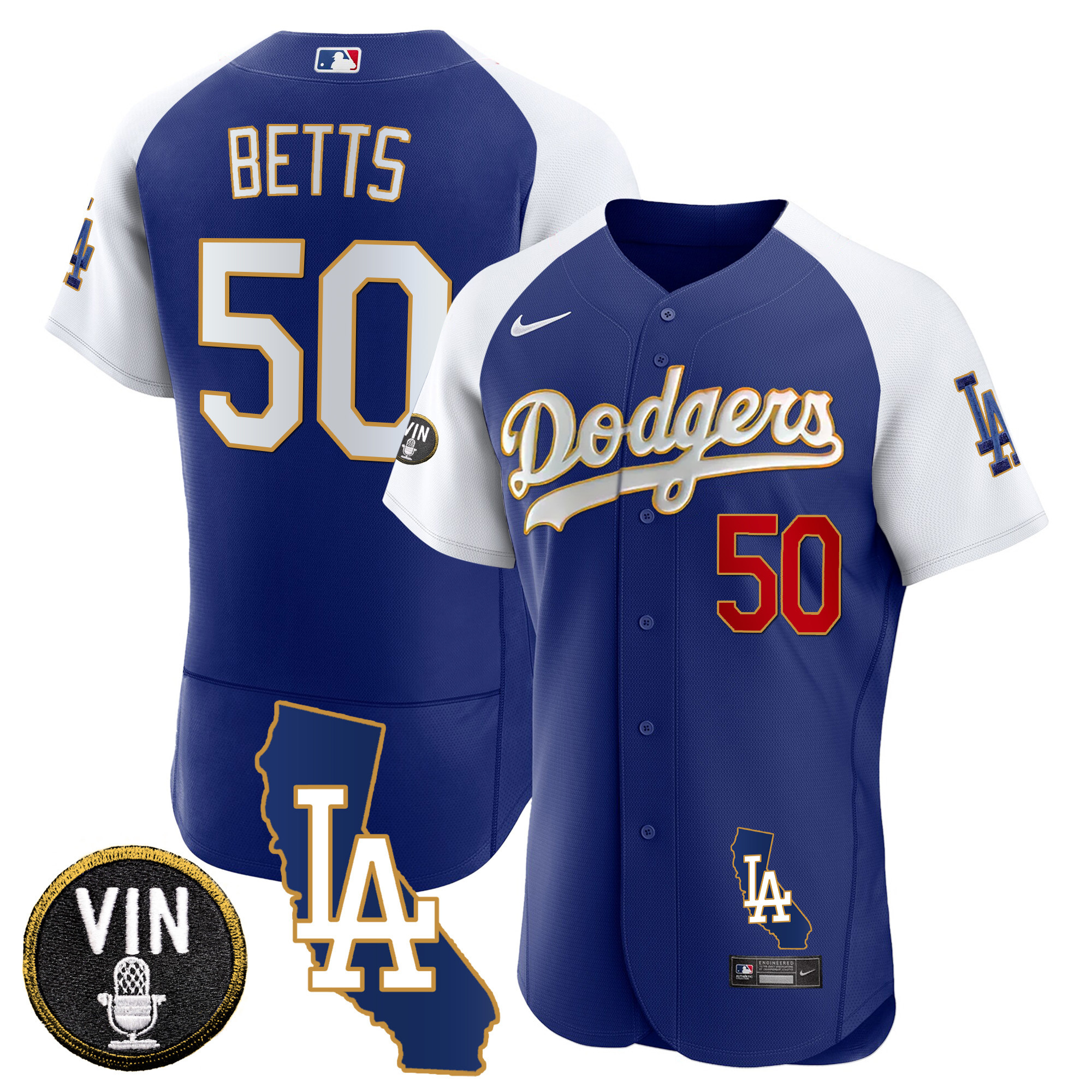 Mookie Betts Men's Los Angeles Dodgers California Patch Gold Trim Flex Base Alternate Royal Jersey