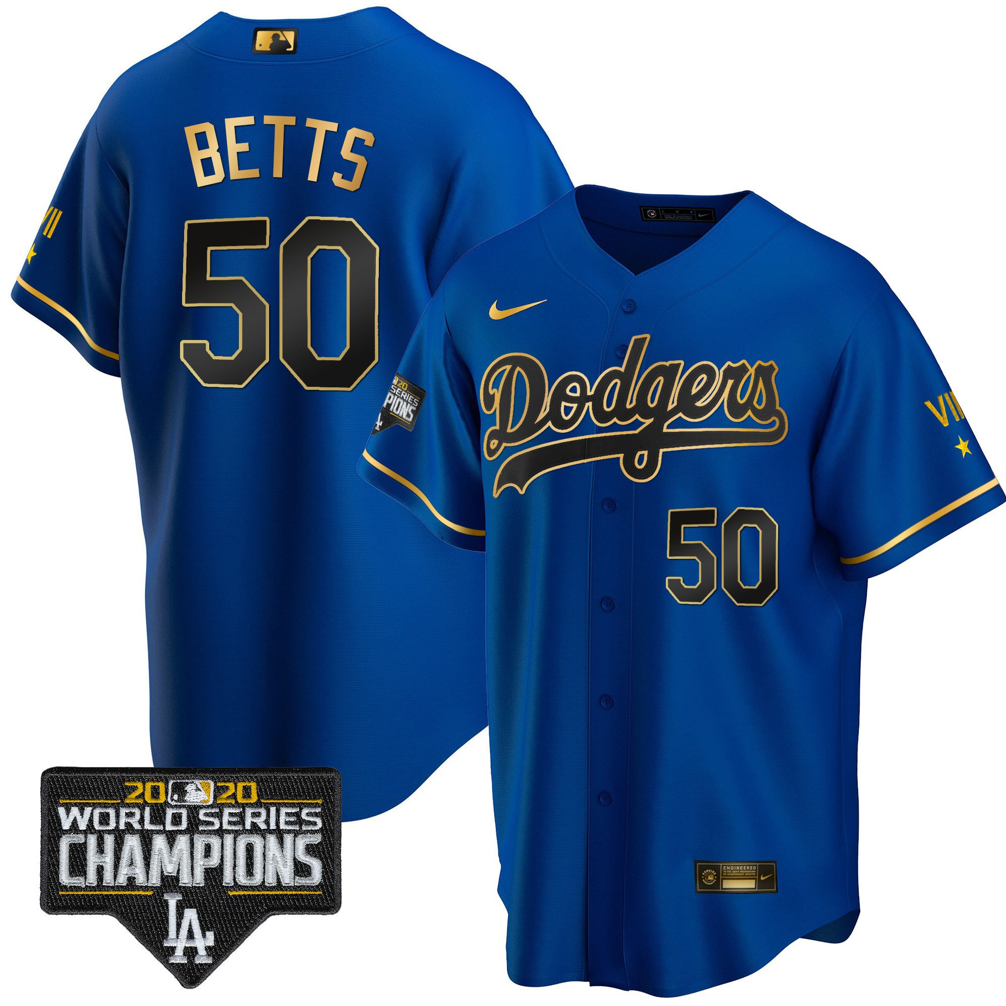 Mookie Betts Men's Los Angeles Dodgers Royal Gold World Series Patch Cool Black Royal Jersey