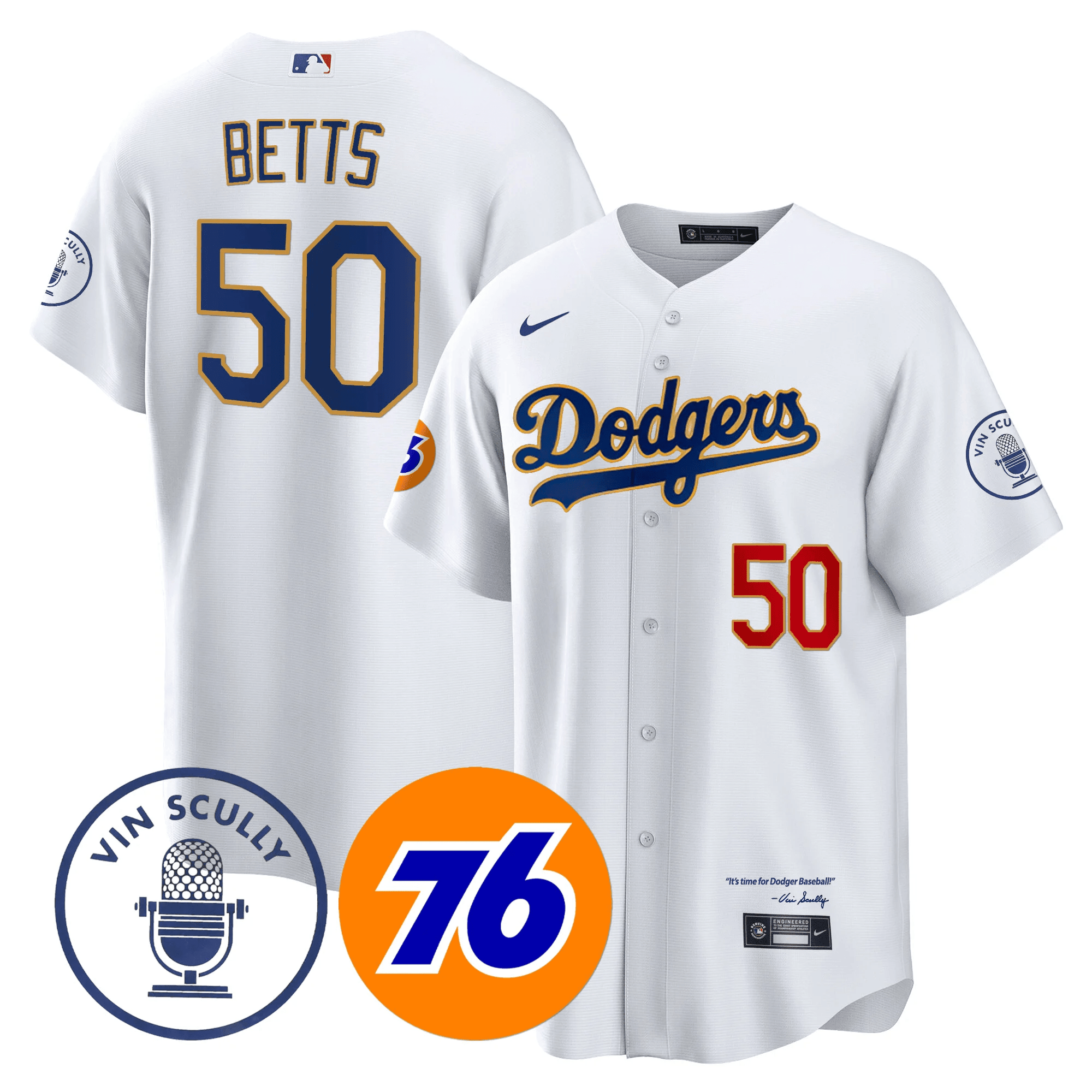Mookie Betts Men's Los Angeles Dodgers Vin Scully 76 Patch Gold Trim Player Cool White Jersey