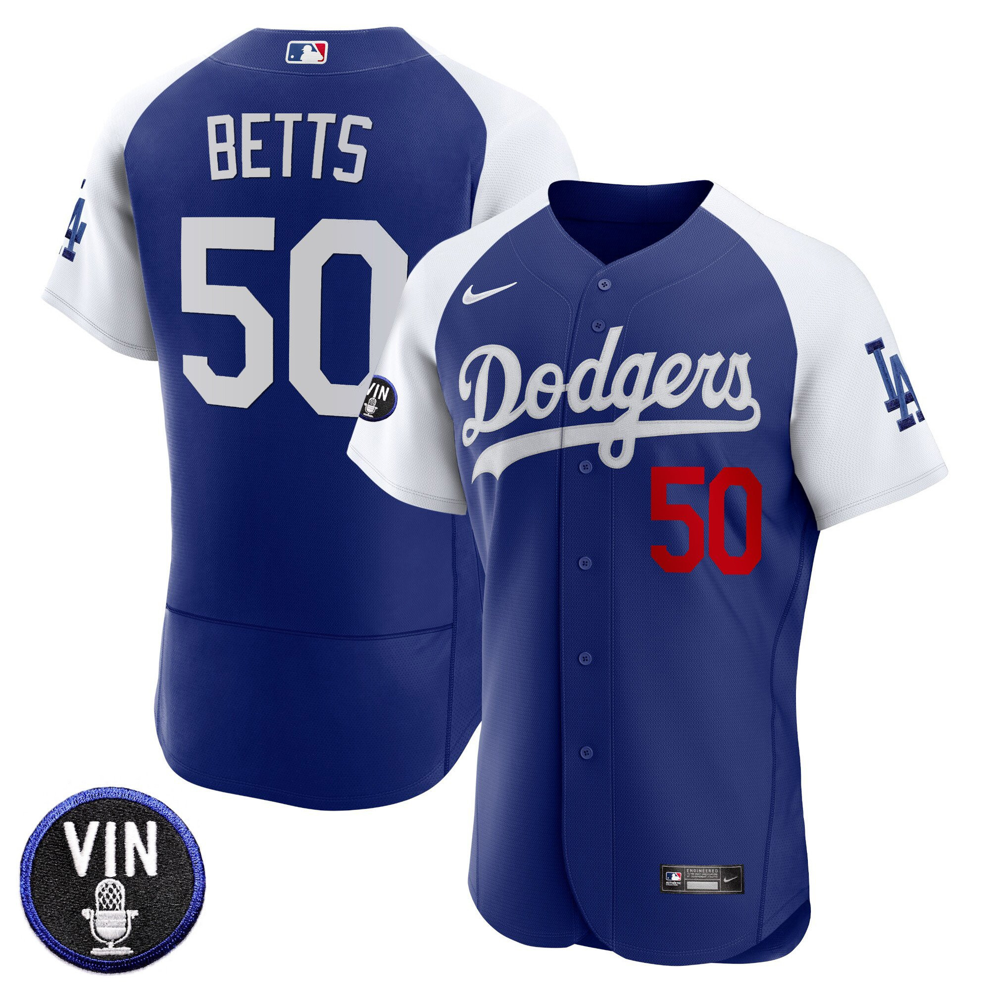 Mookie Betts Men's Los Angeles Dodgers Vin Scully Patch Flex Base Alternate Royal Jersey