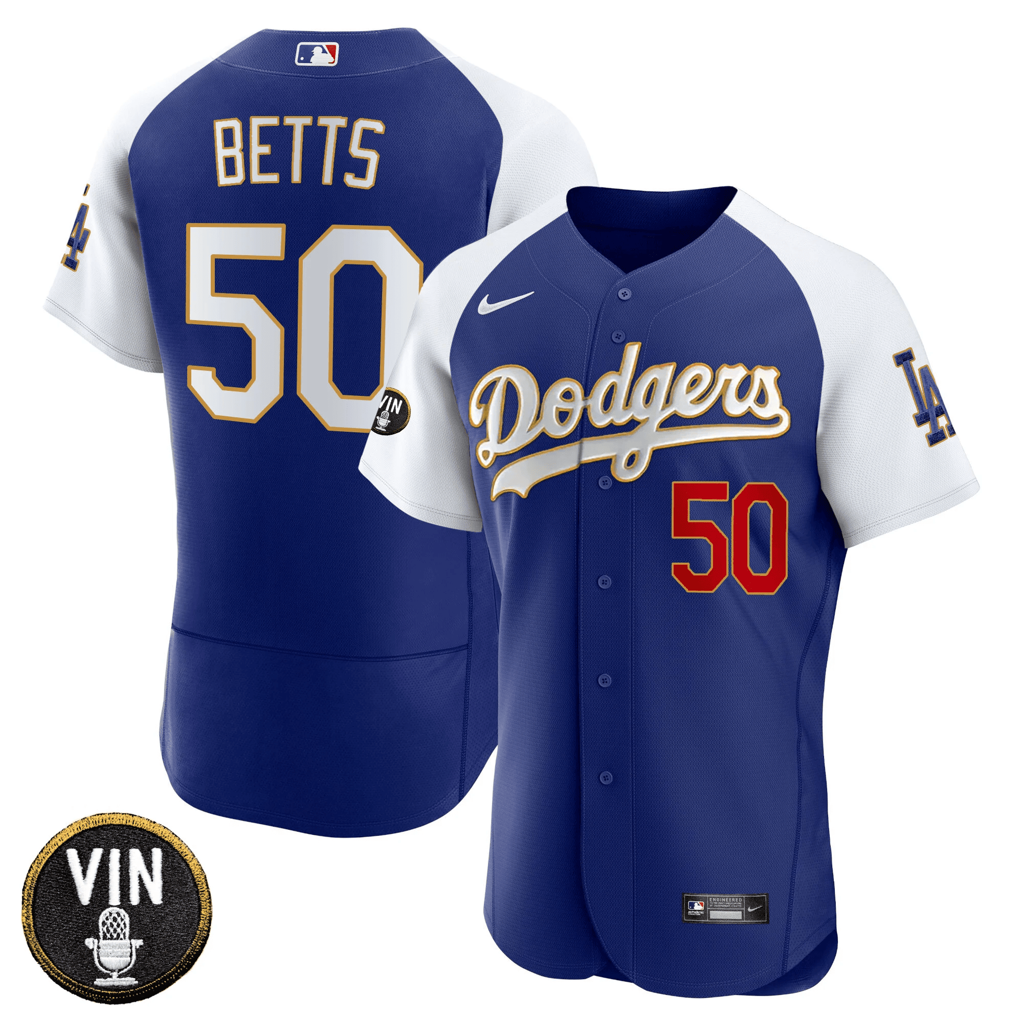 Mookie Betts Men's Los Angeles Dodgers Vin Scully Patch Flex Base Gold Trim Flex Royal Jersey