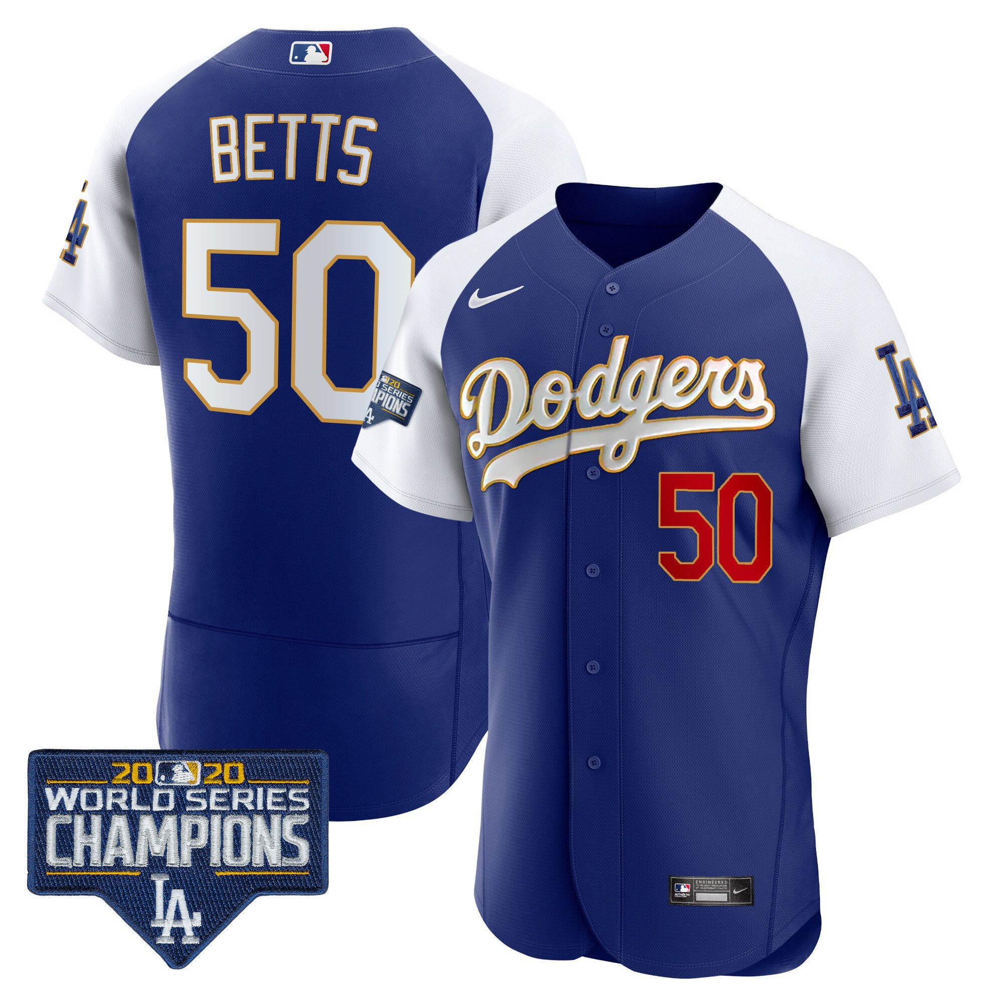 Mookie Betts Men's Los Angeles Dodgers World Series Champions Patch Flex Base Gold Trim Alternate Royal Jersey