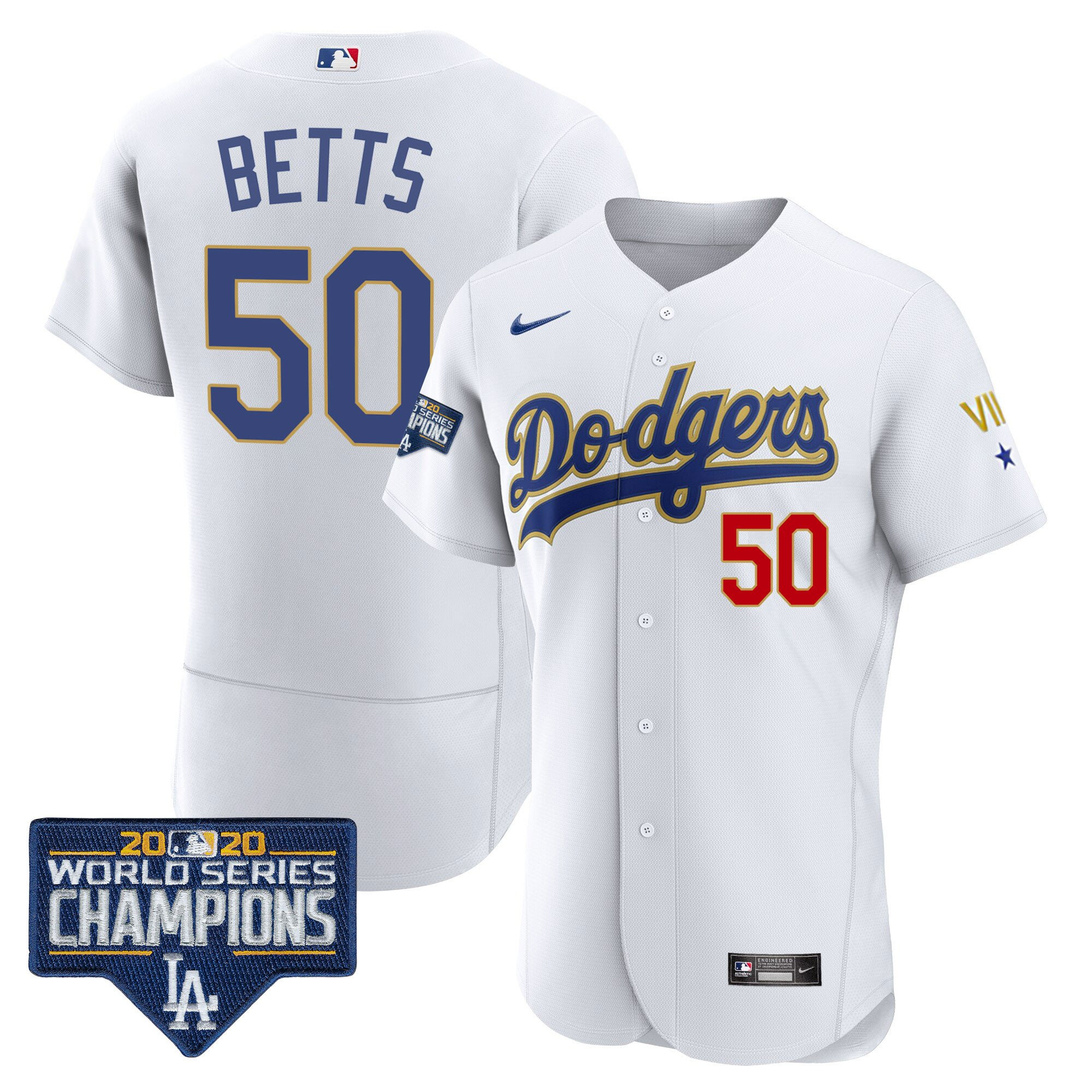 Mookie Betts Men's Los Angeles Dodgers World Series Patch Gold Limited Flex White Jersey
