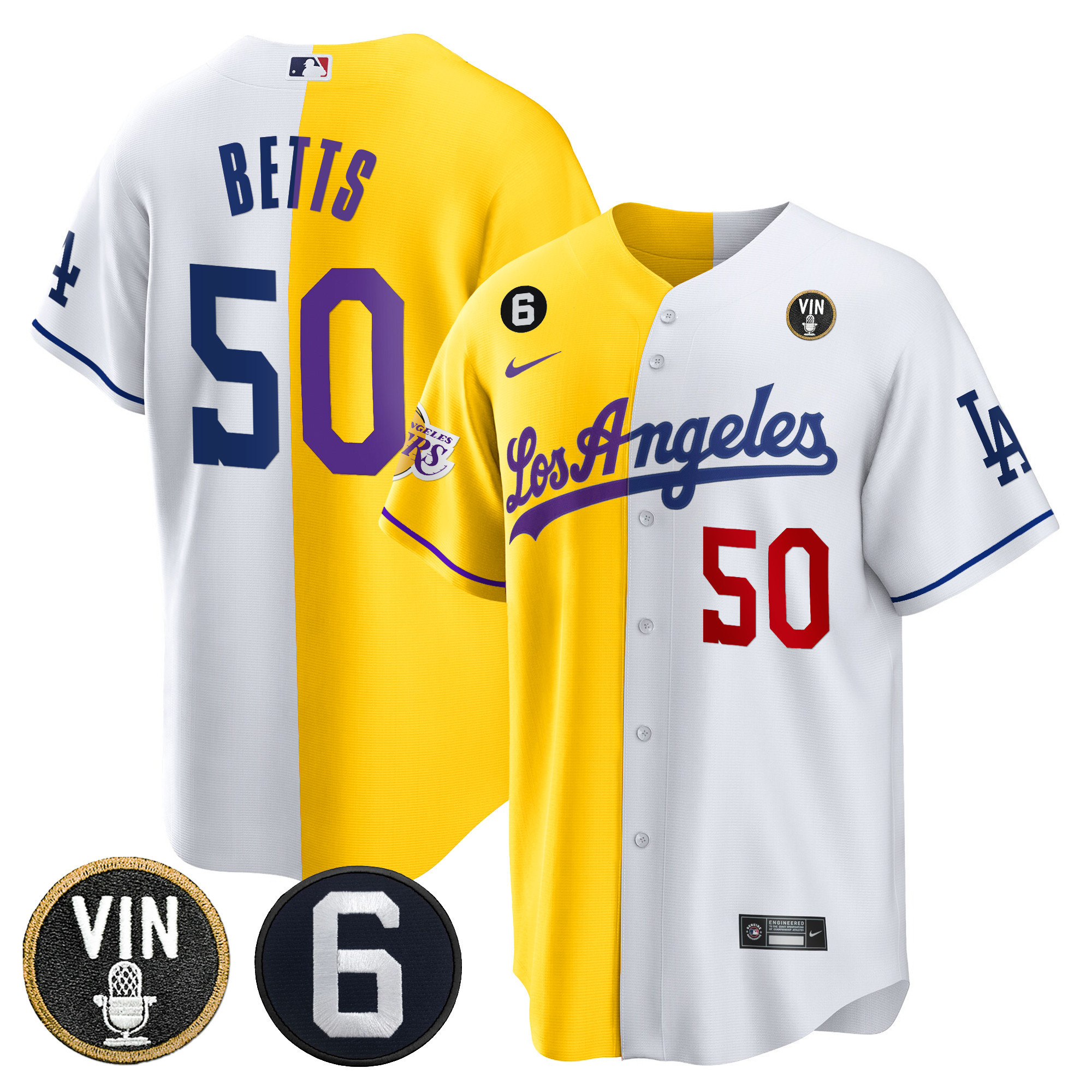 Mookie Betts Men's Split Los Angeles Dodgers - Lakers Cool Base Gold White Jersey