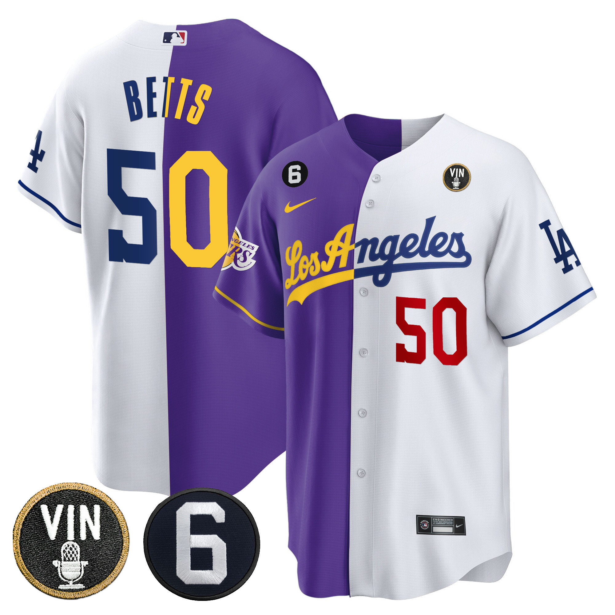 Mookie Betts Men's Split Los Angeles Dodgers - Lakers Cool Base Purple White Jersey