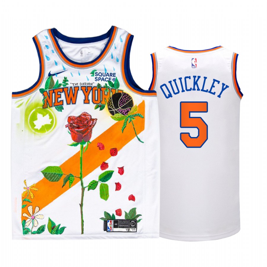 New York Knicks Immanuel Quickley Garden of Dreams White Jersey #5 Rose Art