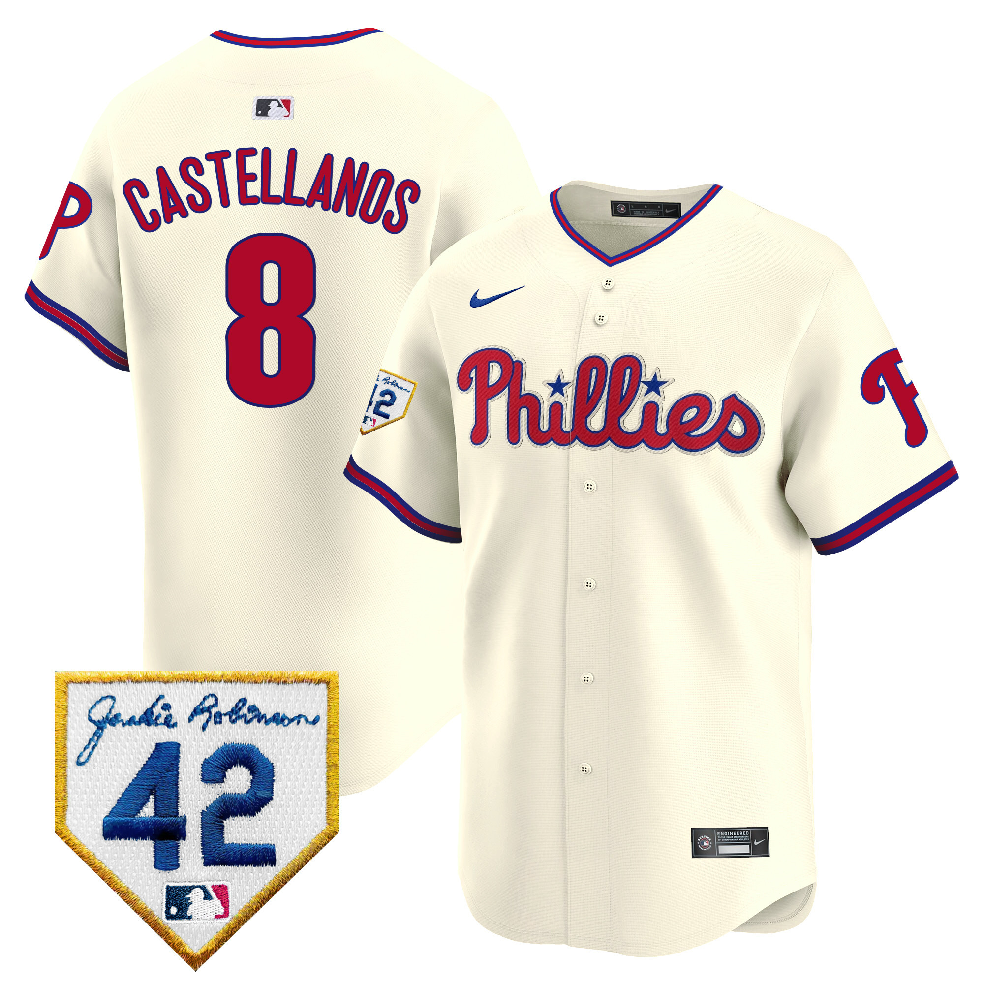 Nick Castellanos Men's Philadelphia Phillies Jackie Robinson Patch Vapor Premier Limited Cream Jersey