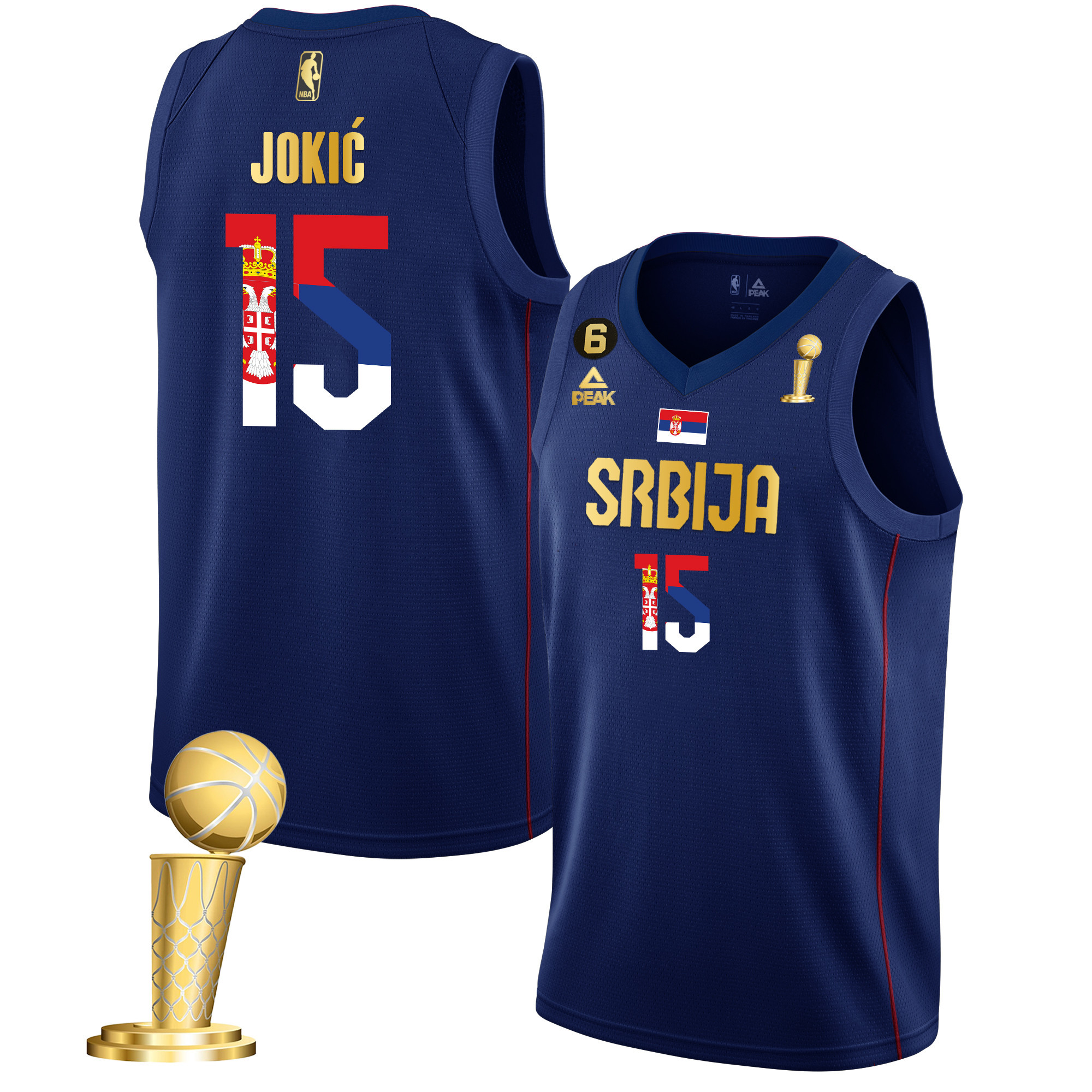 Nikola Jokic Denver Nuggets Serbia Champions Gold Navy Jersey - All Stitched