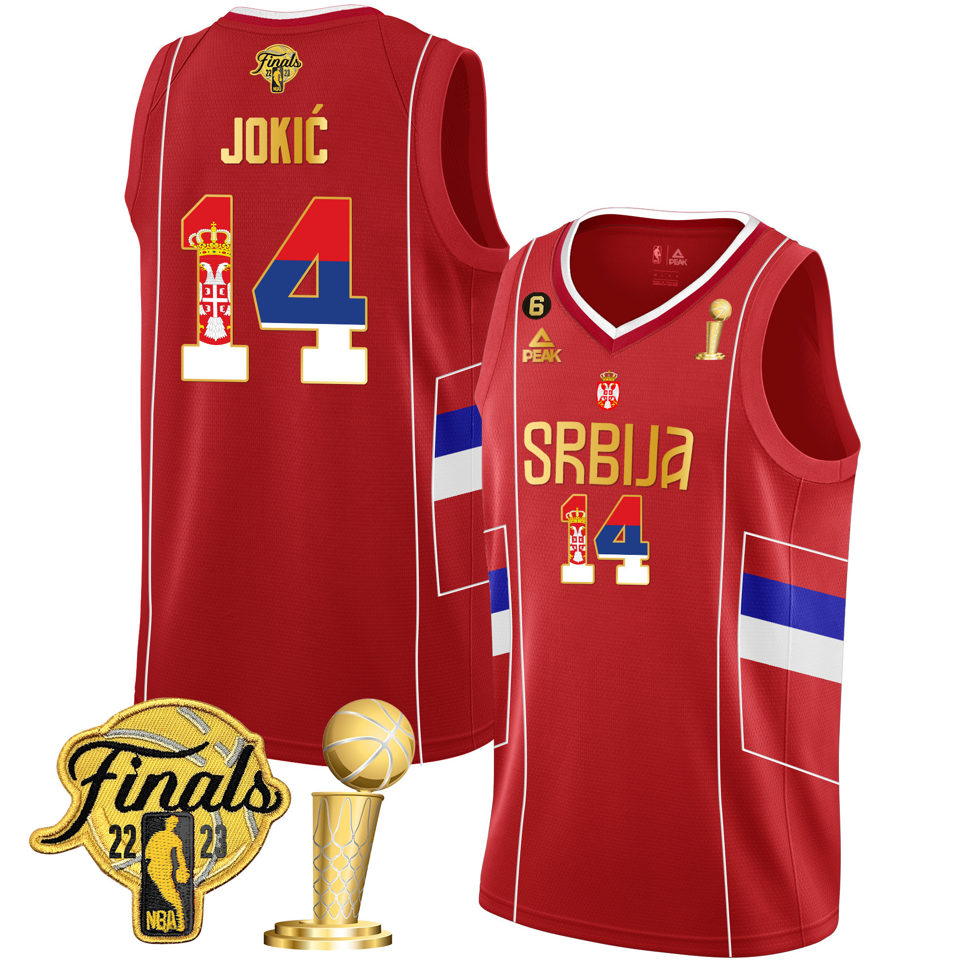 Nikola Jokic Denver Nuggets Serbia Finals & Champions Gold Red Jersey - All Stitched