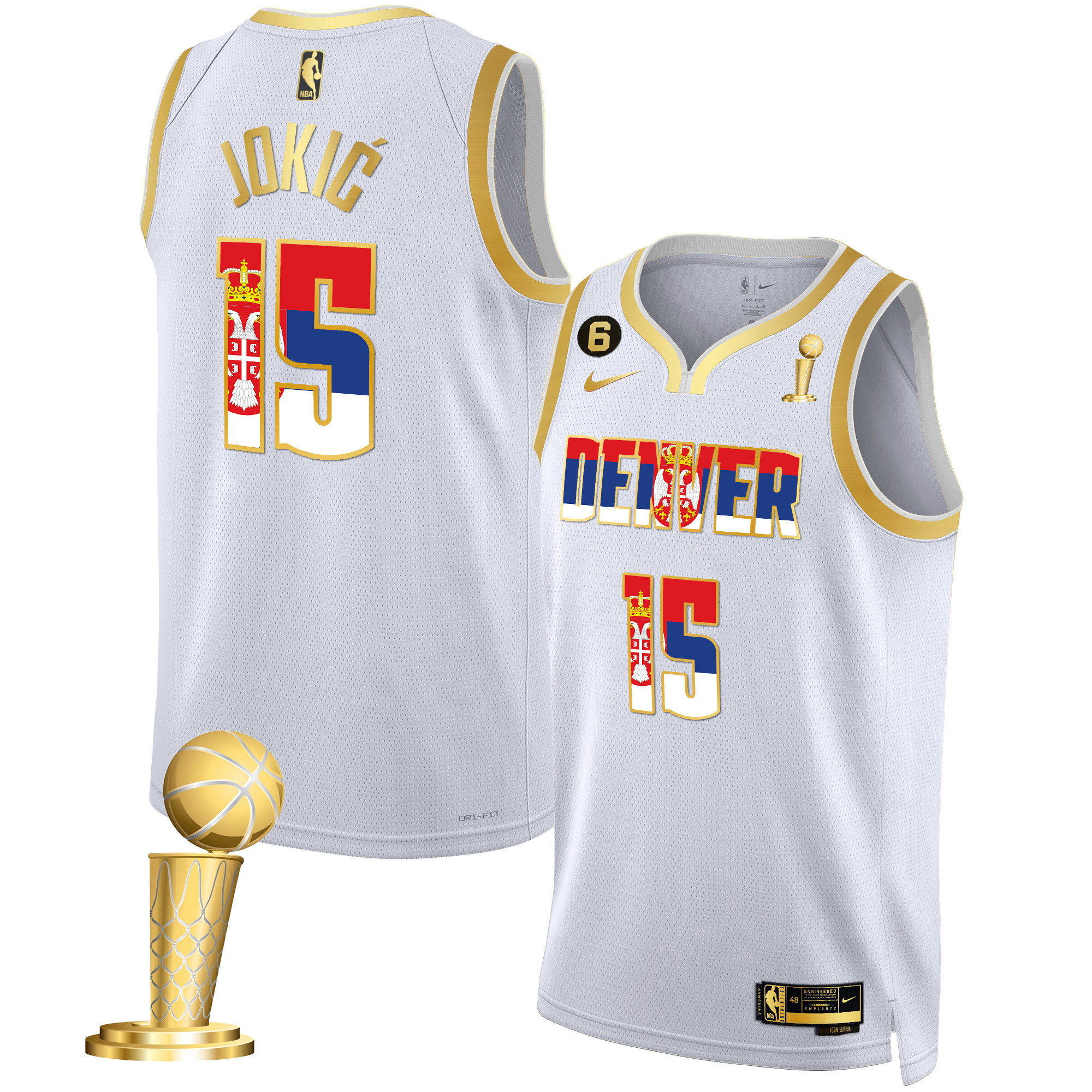 Nikola Jokic Denver Nuggets Serbia Flag Champions White Gold Jersey - All Stitched