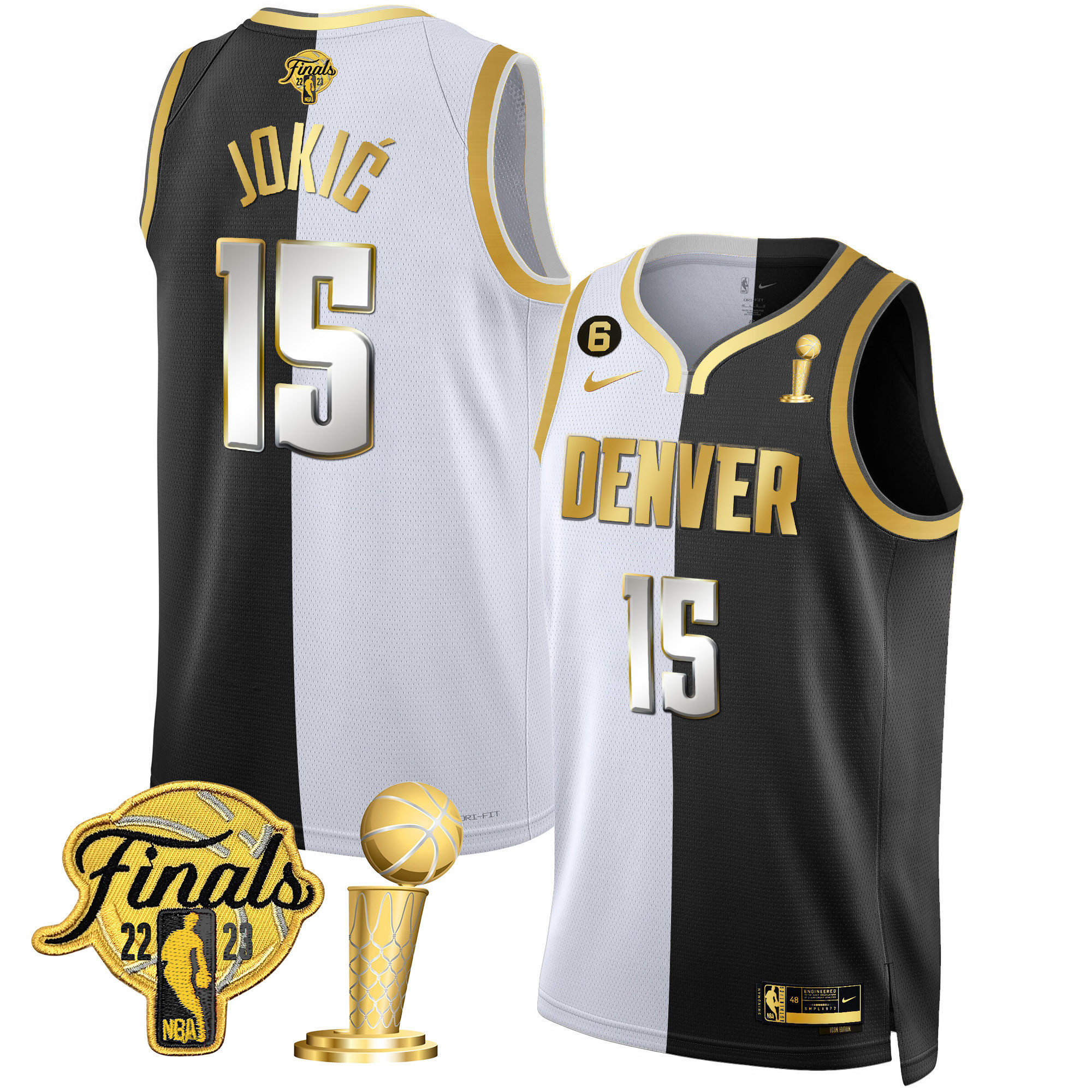 Nikola Jokic Men's Denver Nuggets Finals Champions Black White Gold Split Limited Jersey - All Stitched
