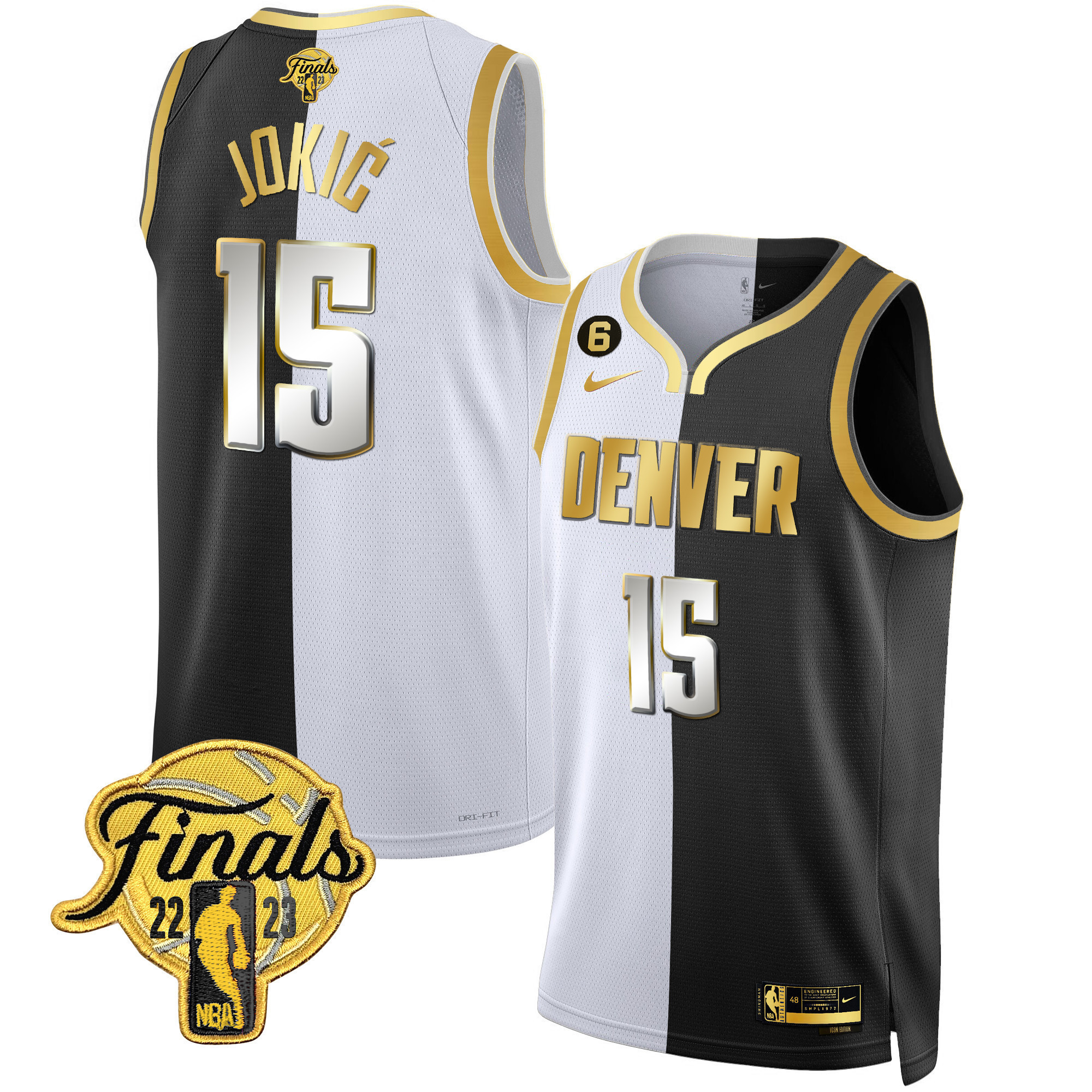 Nikola Jokic Men's Denver Nuggets Finals Patch Black White Gold Split Limited Jersey - All Stitched