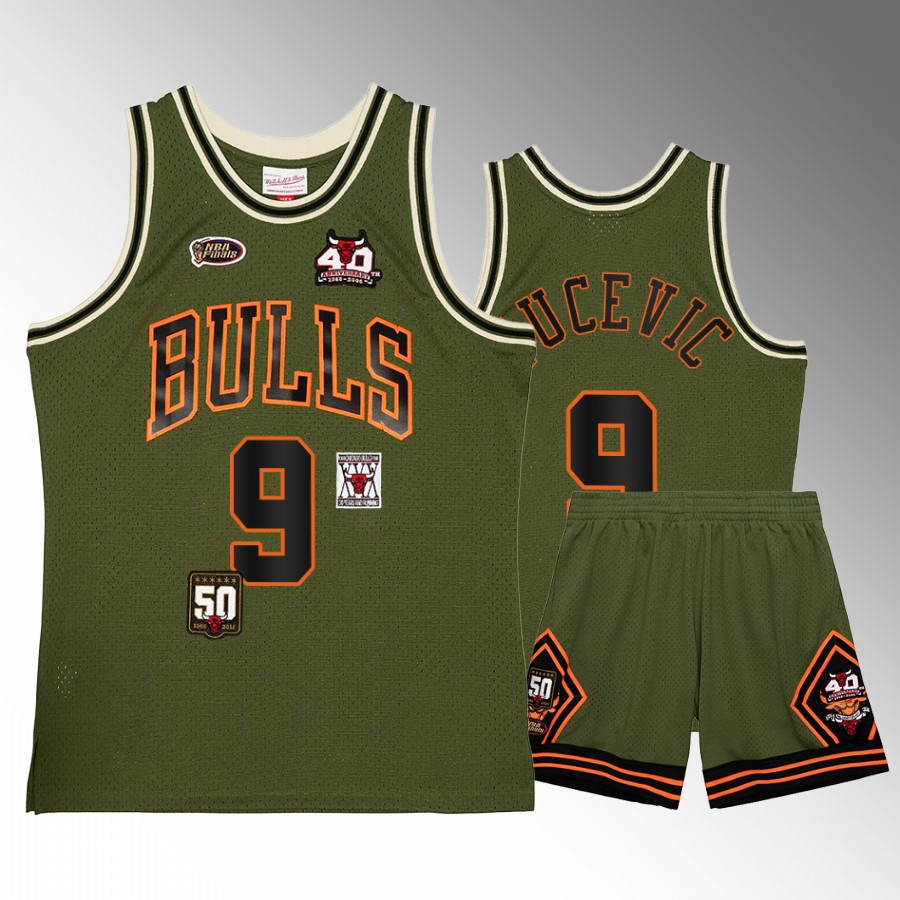 Nikola Vucevic #9 Chicago Bulls Military Flight patchs Green Shorts Set Jersey