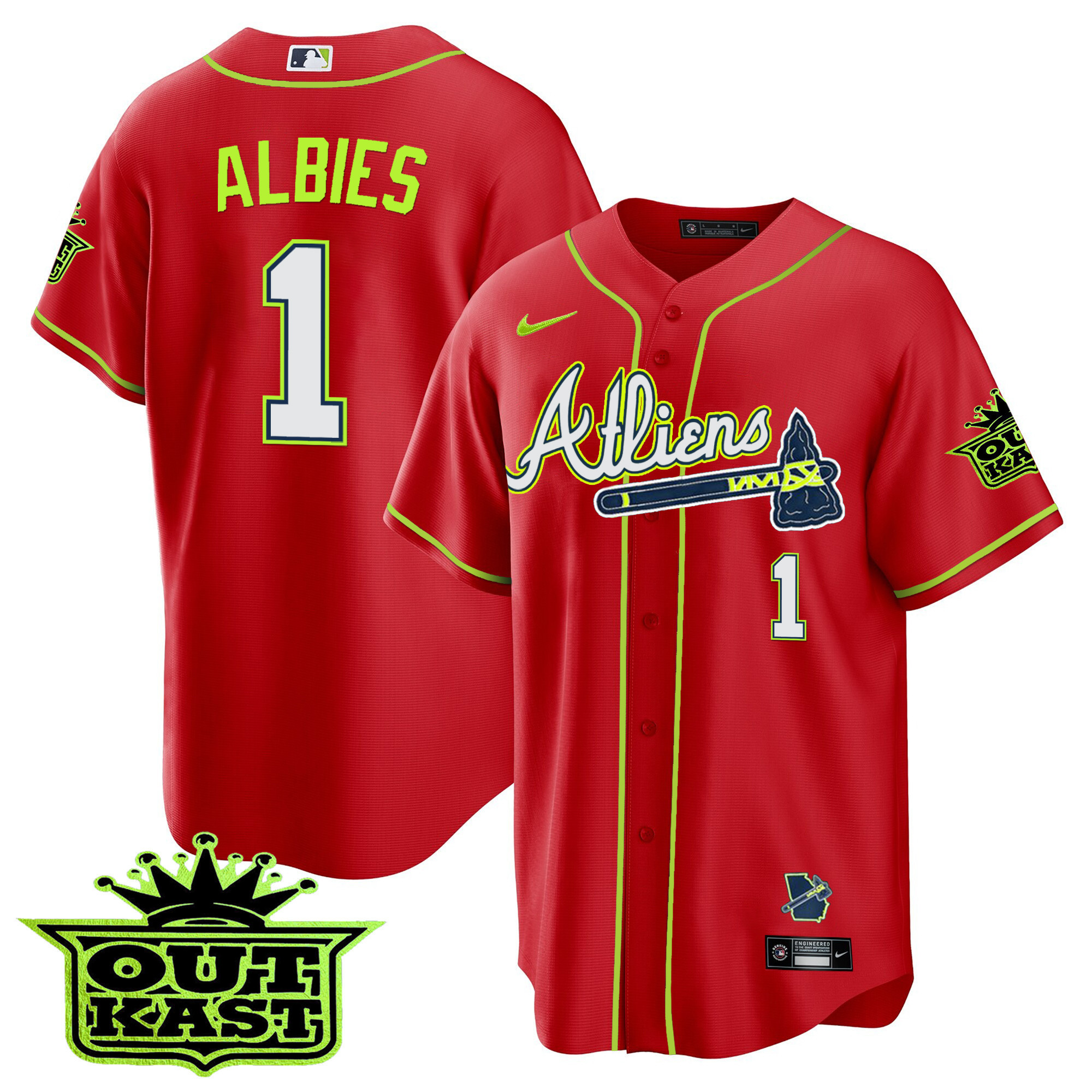 Ozzie Albies Men's Atlanta Braves Atliens Cool Base Red Jersey - All Stitched