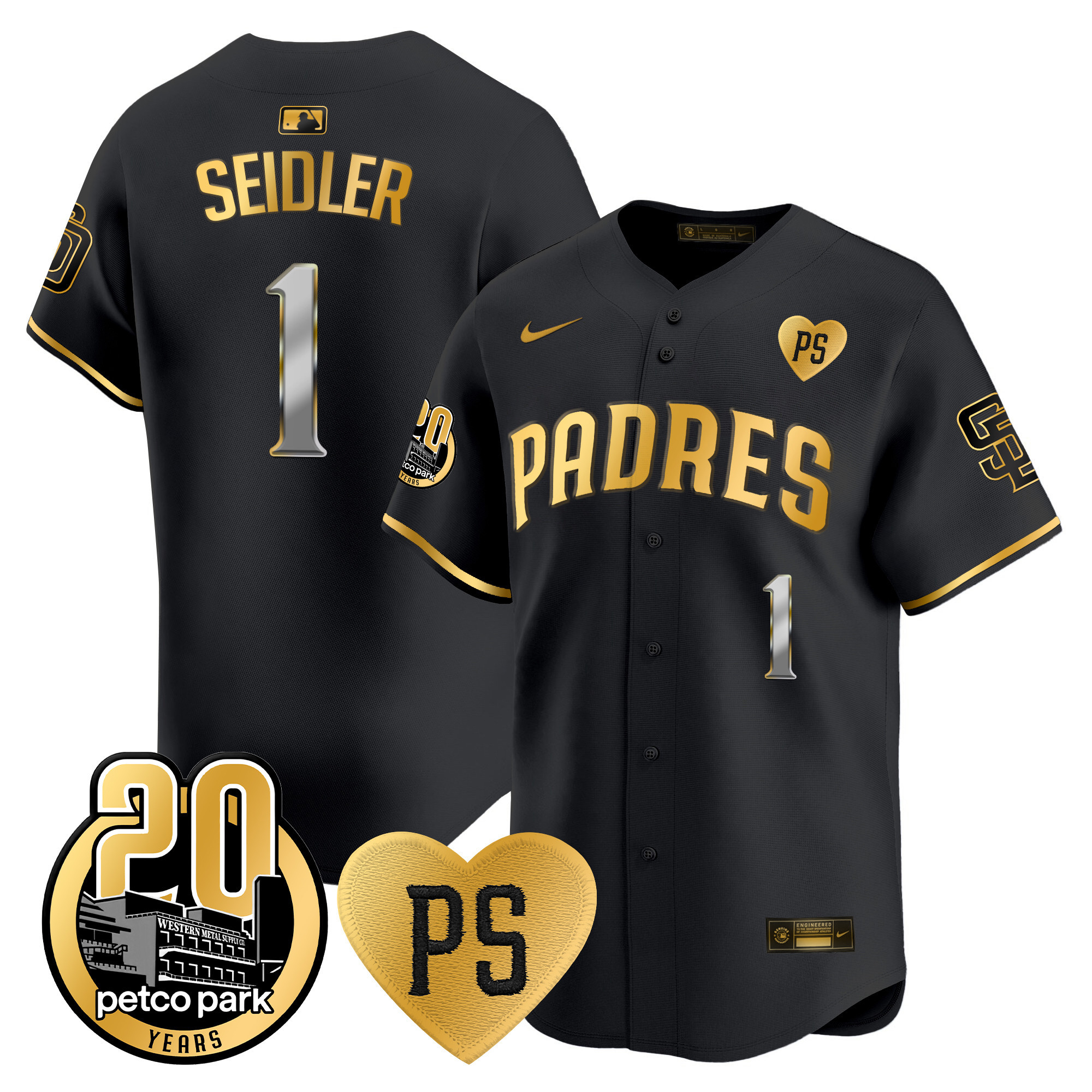 Peter Seidler Men's San Diego Padres "For Peter" & Petco Park 20th Patch Vapor Premier Limited Black Gold Jersey