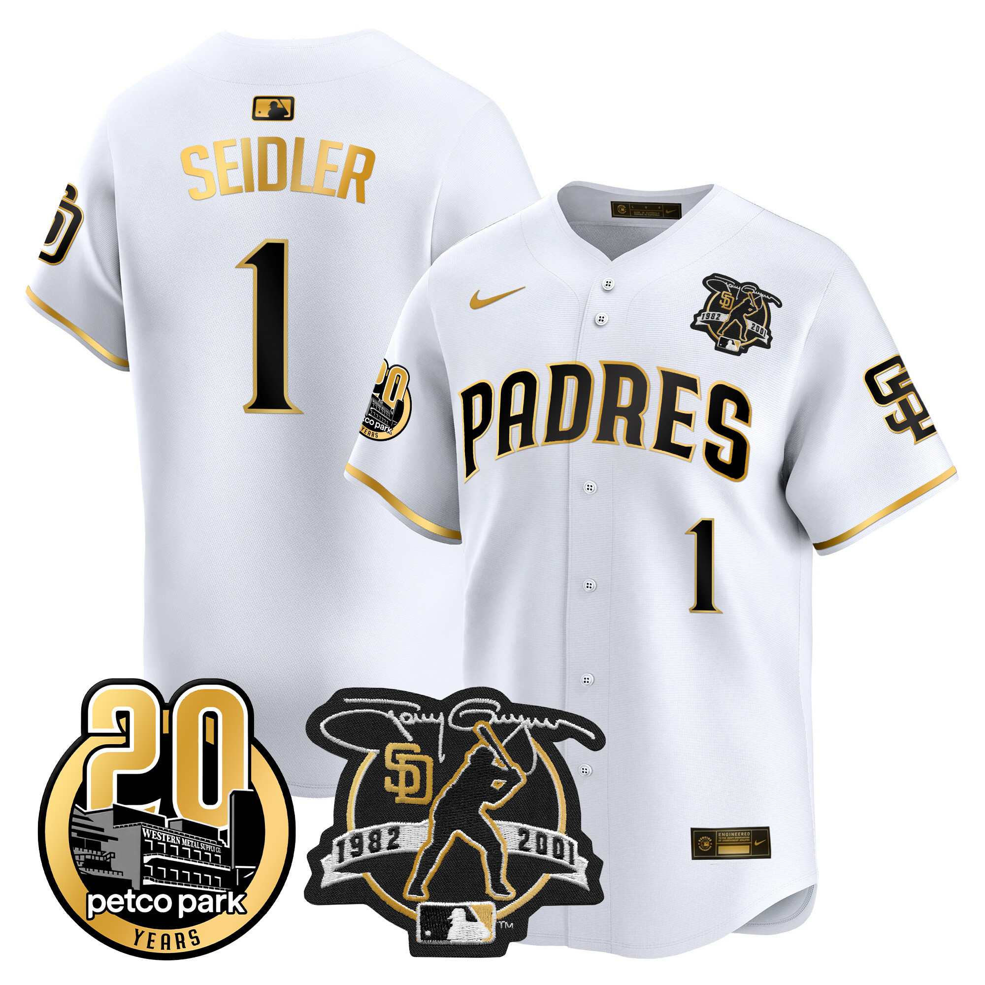 Peter Seidler Men's San Diego Padres Tony Gwynn & Petco Park 20th Patch Vapor Premier Limited White Gold Jersey