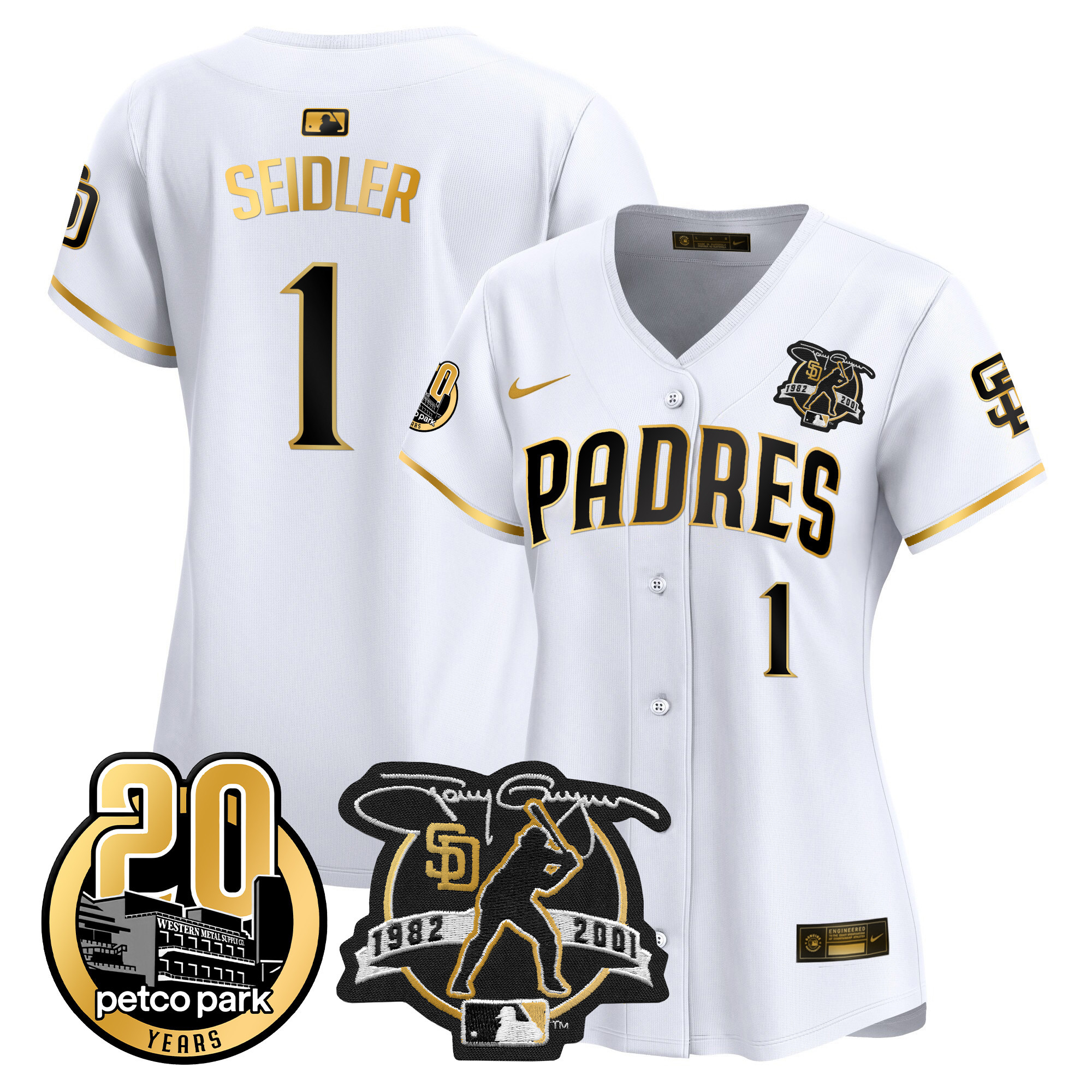 Peter Seidler Women's San Diego Padres Tony Gwynn & Petco Park 20th Patch Vapor Premier Limited White Gold Jersey