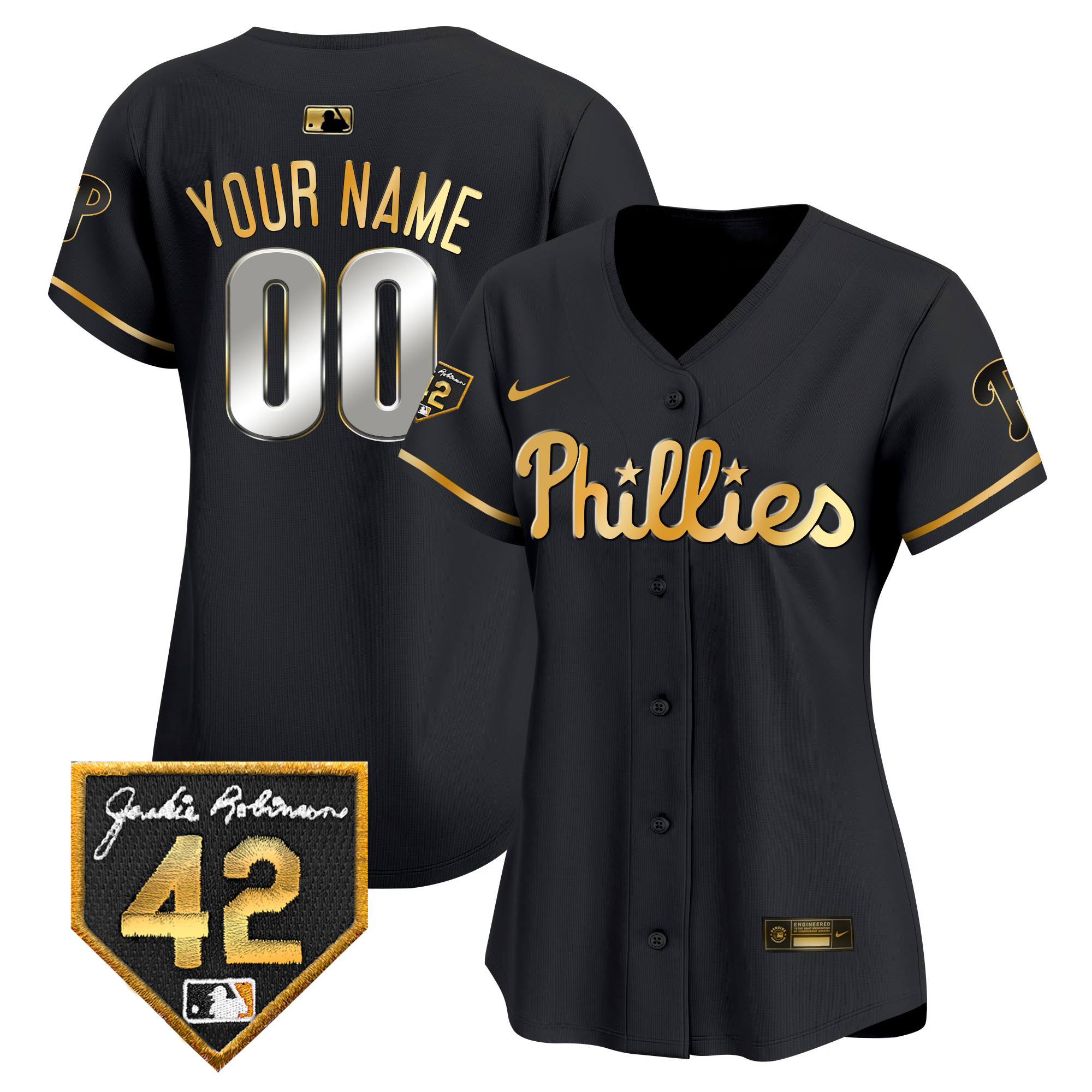 Philadelphia Phillies Jackie Robinson Patch Vapor Premier Limited Custom Black Gold Jersey
