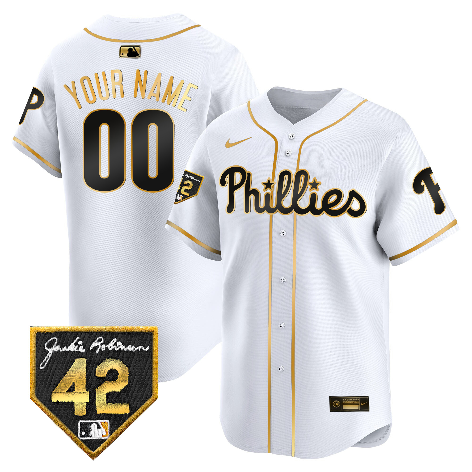 Philadelphia Phillies Jackie Robinson Patch Vapor Premier Limited Custom White Gold Jersey