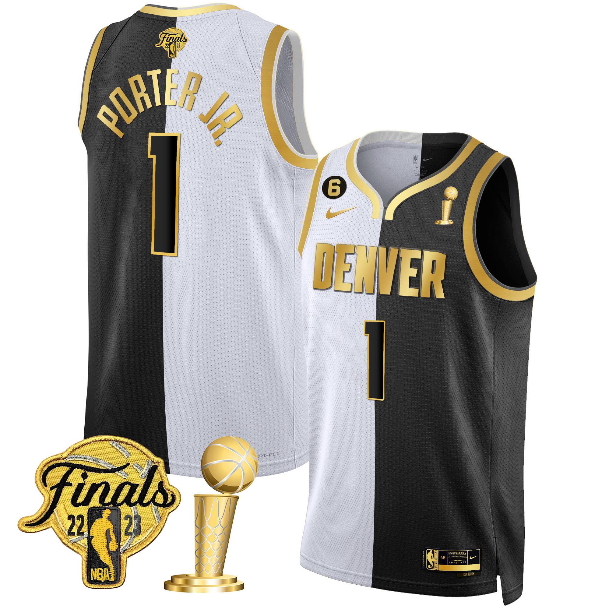 Porter Jr. Men's Denver Nuggets Finals & Champions Black & White Gold Split Jersey - All Stitched