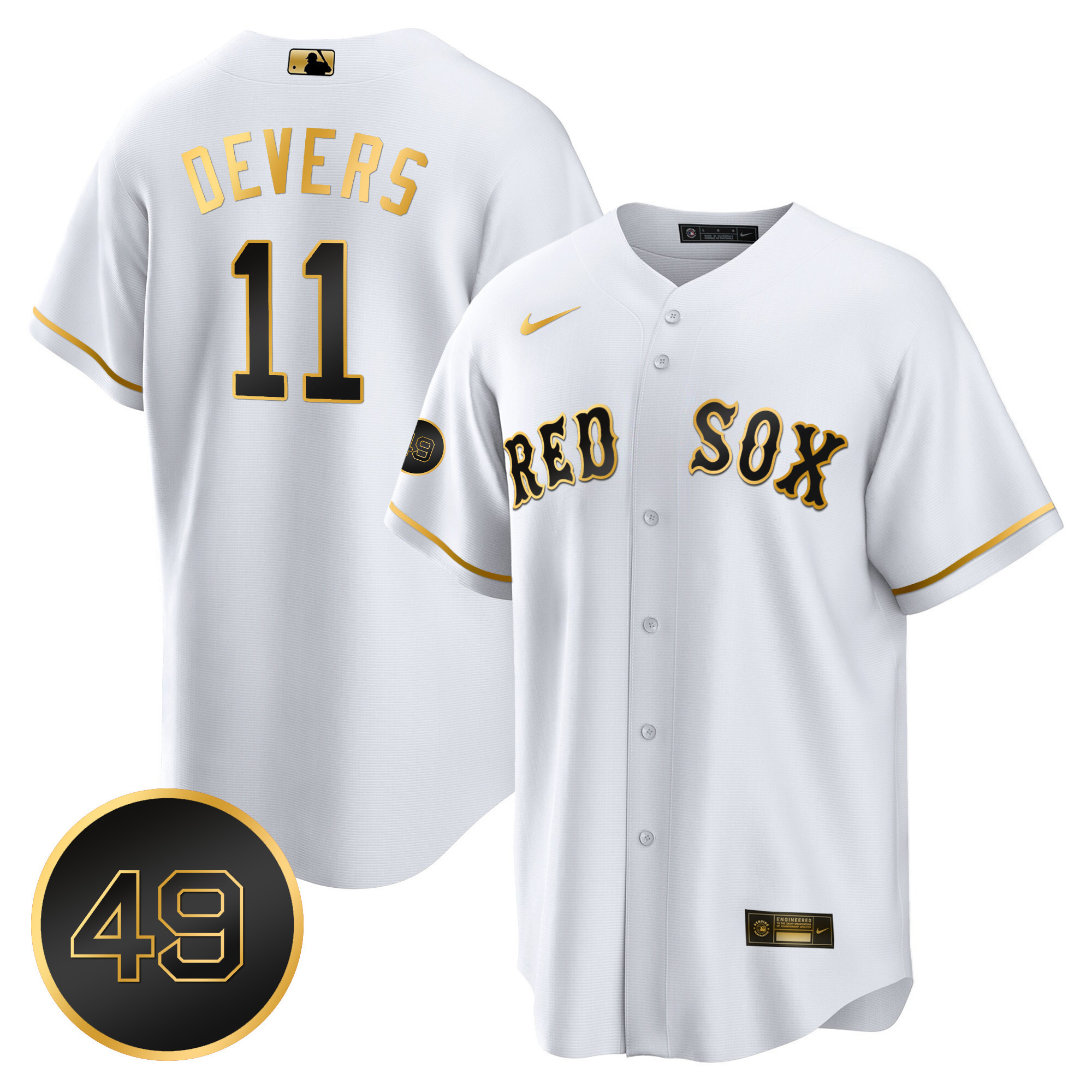 Rafael Devers Men's Boston Red Sox #49 Tim Wakefield Patch Cool Base White Gold Jersey - All Stitched
