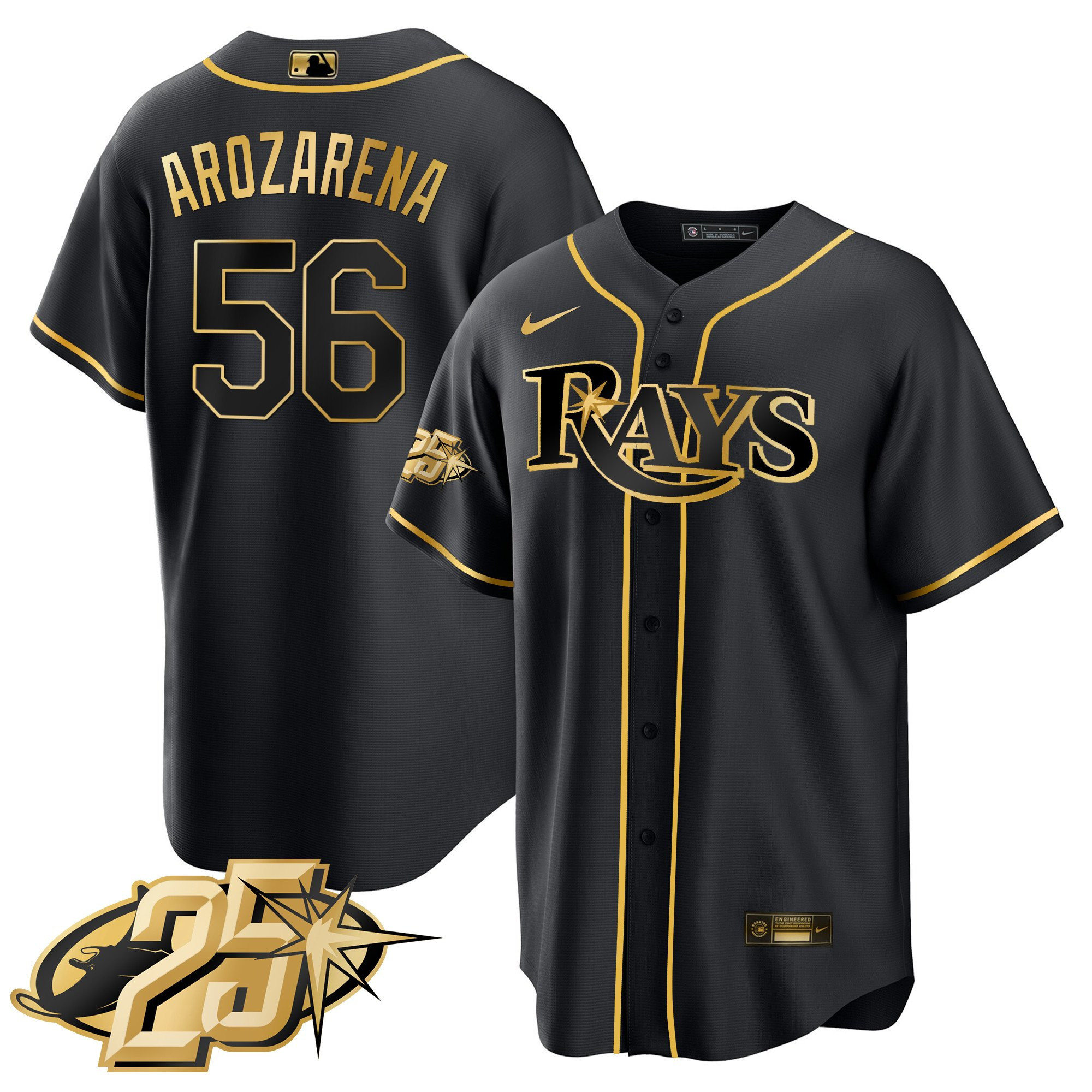 Randy Arozarena Men's Tampa Bay Rays 25th Anniversary Patch Cool Base V2 Black Gold Jersey