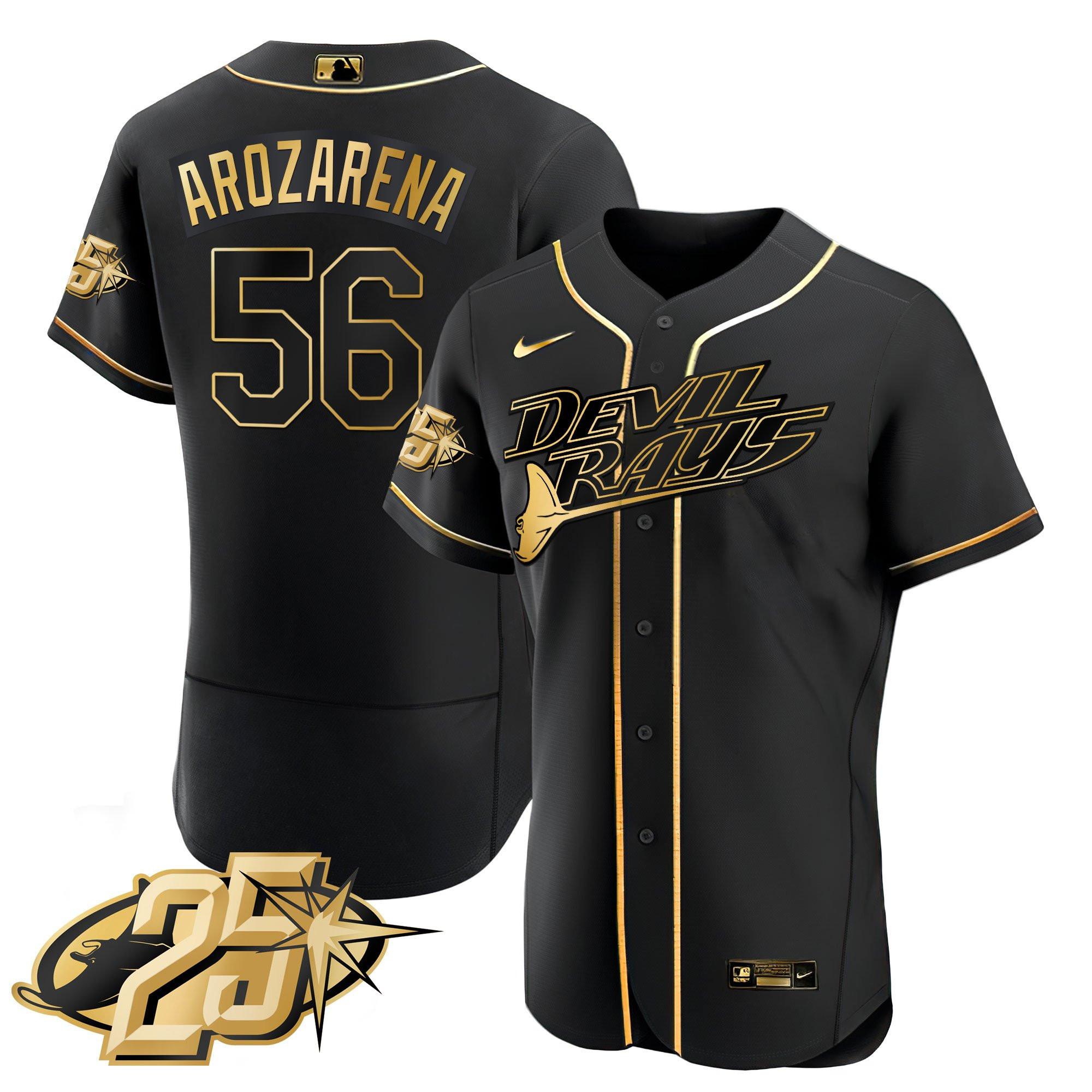 Randy Arozarena Men's Tampa Bay Rays 25th Anniversary Patch Flex Base Black Gold Jersey