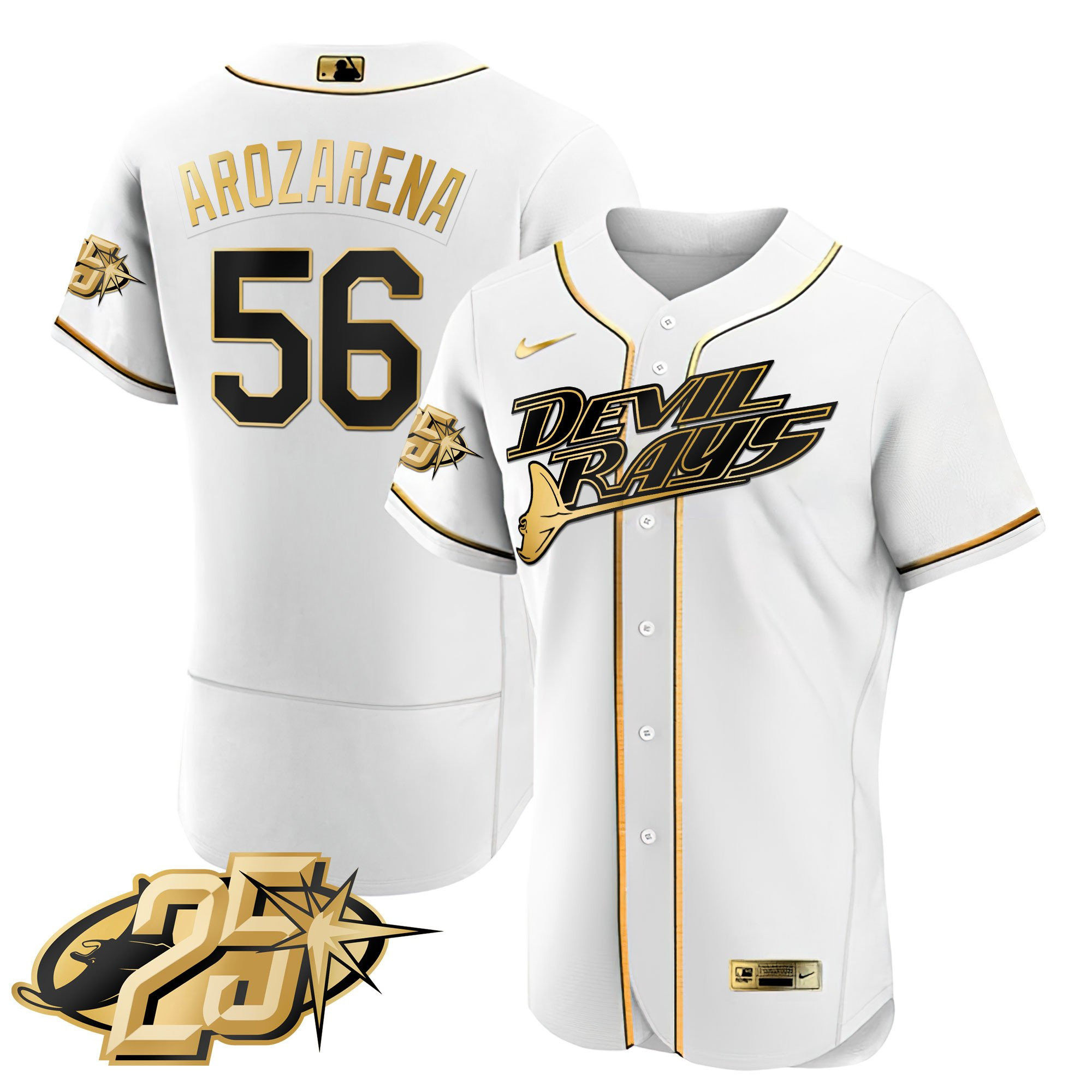 Randy Arozarena Men's Tampa Bay Rays 25th Anniversary Patch Flex Base White Gold Jersey