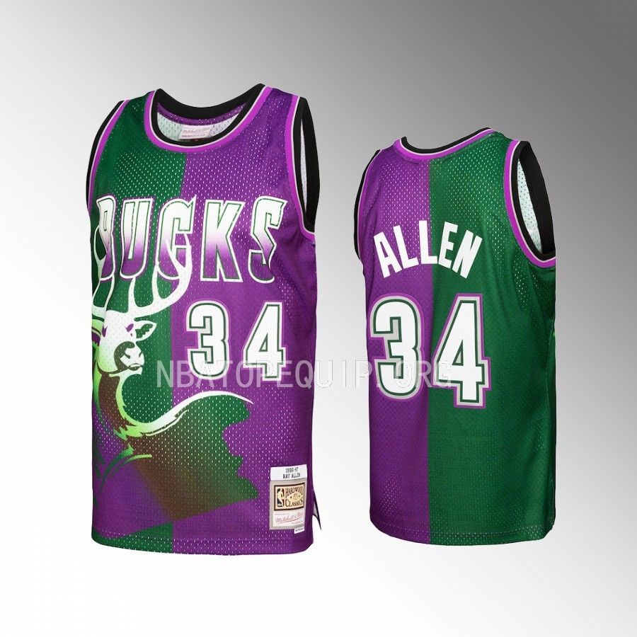 Ray Allen Hardwood Classics 1996-97 Jersey Milwaukee Bucks #34 Green Purple Split Swingman Men's Shirt