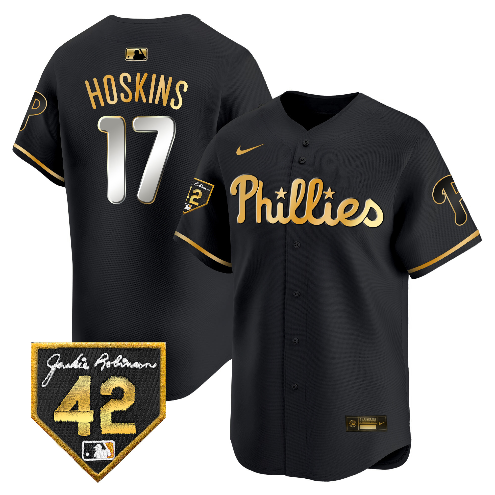 Rhys Hoskins Men's Philadelphia Phillies Jackie Robinson Patch Vapor Premier Limited Black Gold Jersey
