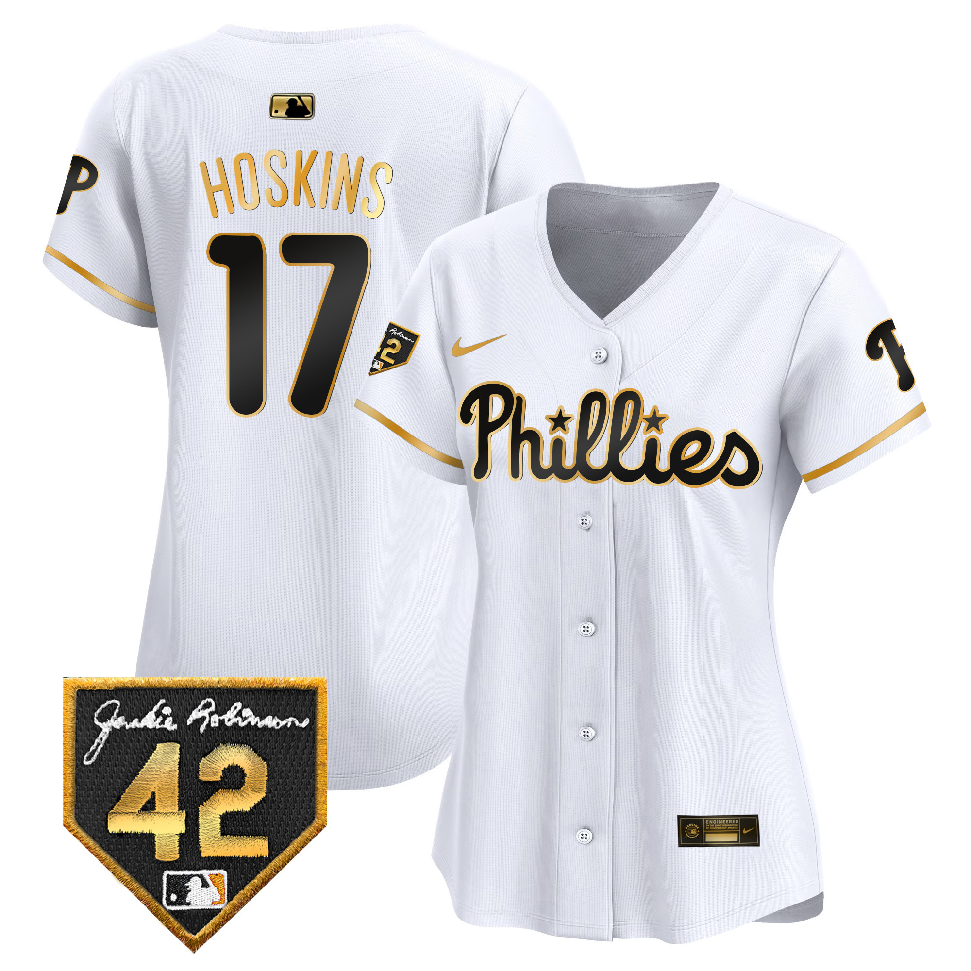 Rhys Hoskins Women's Philadelphia Phillies Jackie Robinson Patch Vapor Premier Limited White Gold Jersey