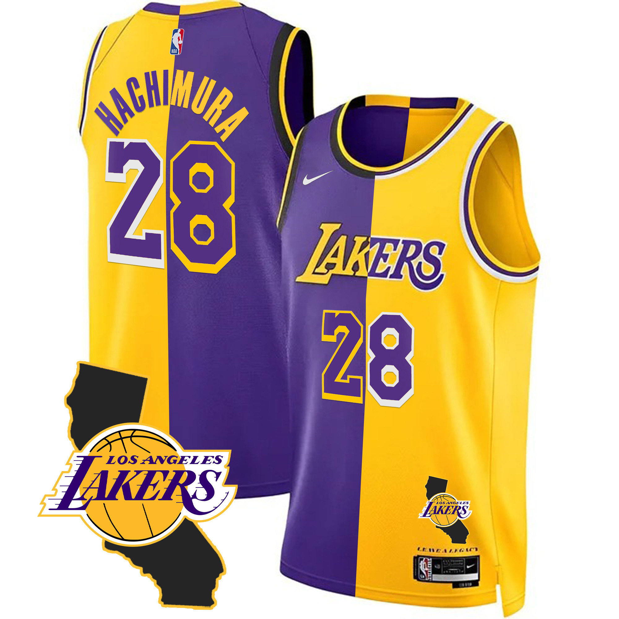 Rui Hachimura Men's Los Angeles Lakers California Patch Split Jersey - All Stitched