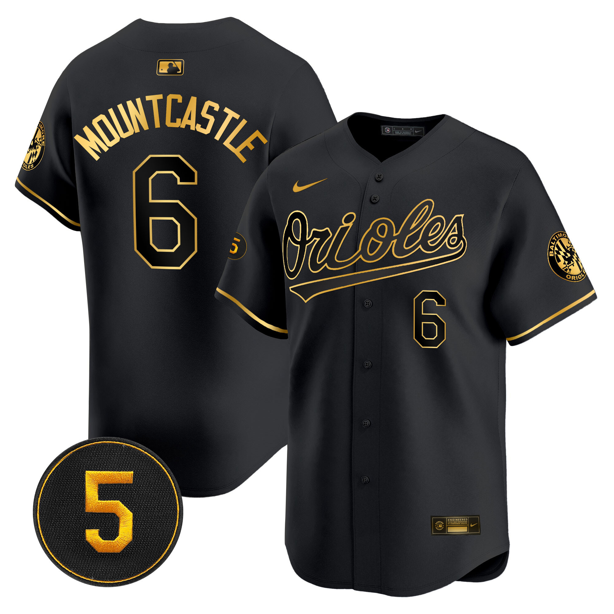 Ryan Mountcastle Men’s Baltimore Orioles Robinson Patch Vapor Premier Limited Black Gold Jersey - All Stitched