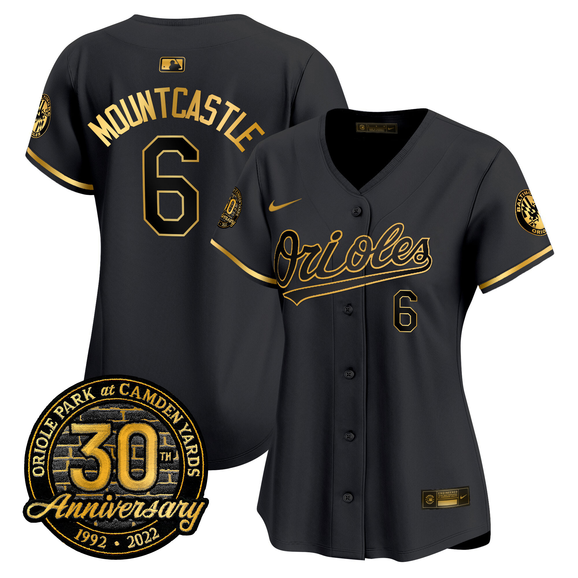 Ryan Mountcastle Women’s Baltimore Orioles Camden Yards 30th Anniversary Patch Vapor Premier Limited Black Gold Jersey - All Stitched